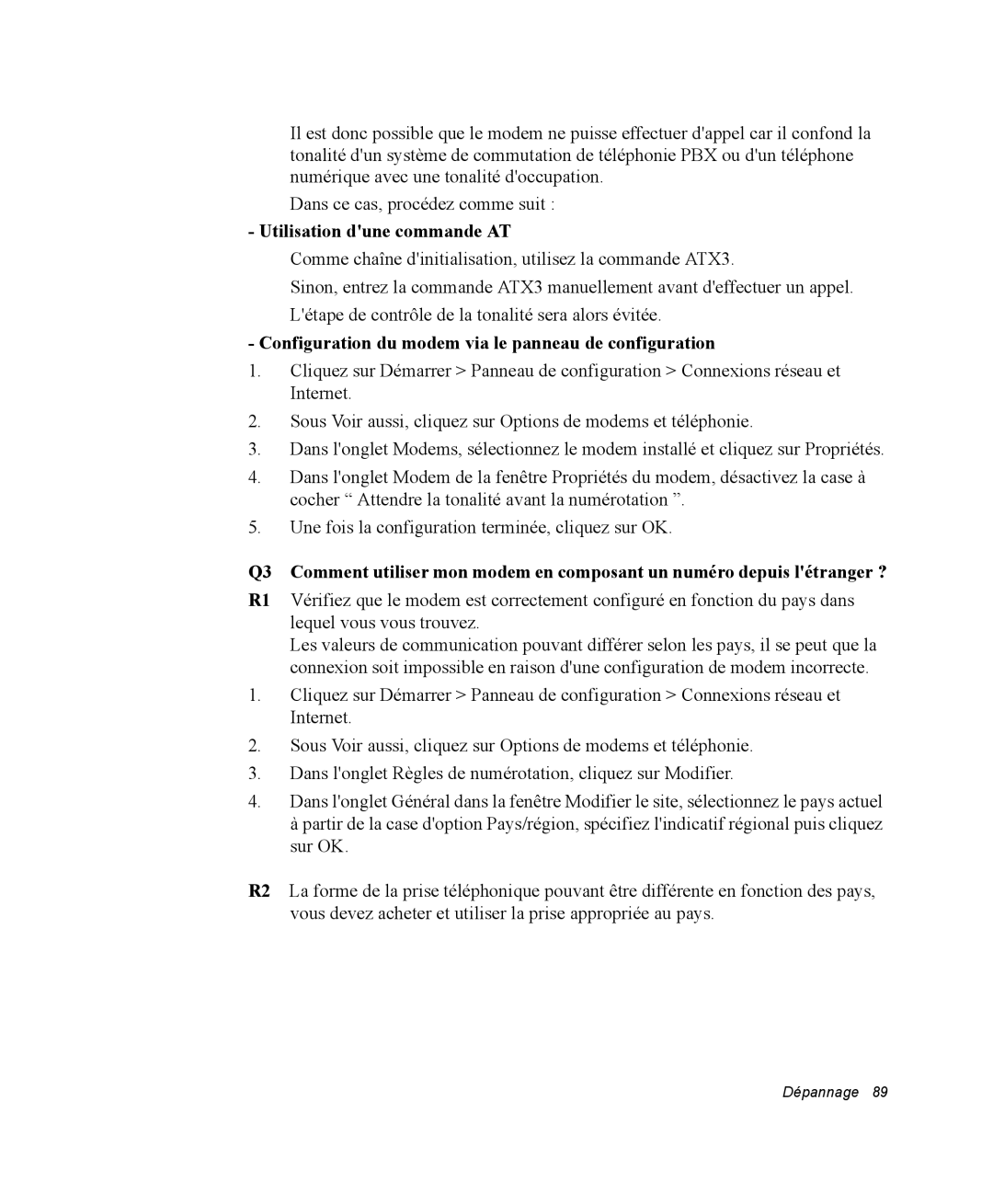 Samsung NM40PRTV02/SEF manual Utilisation dune commande AT, Configuration du modem via le panneau de configuration 