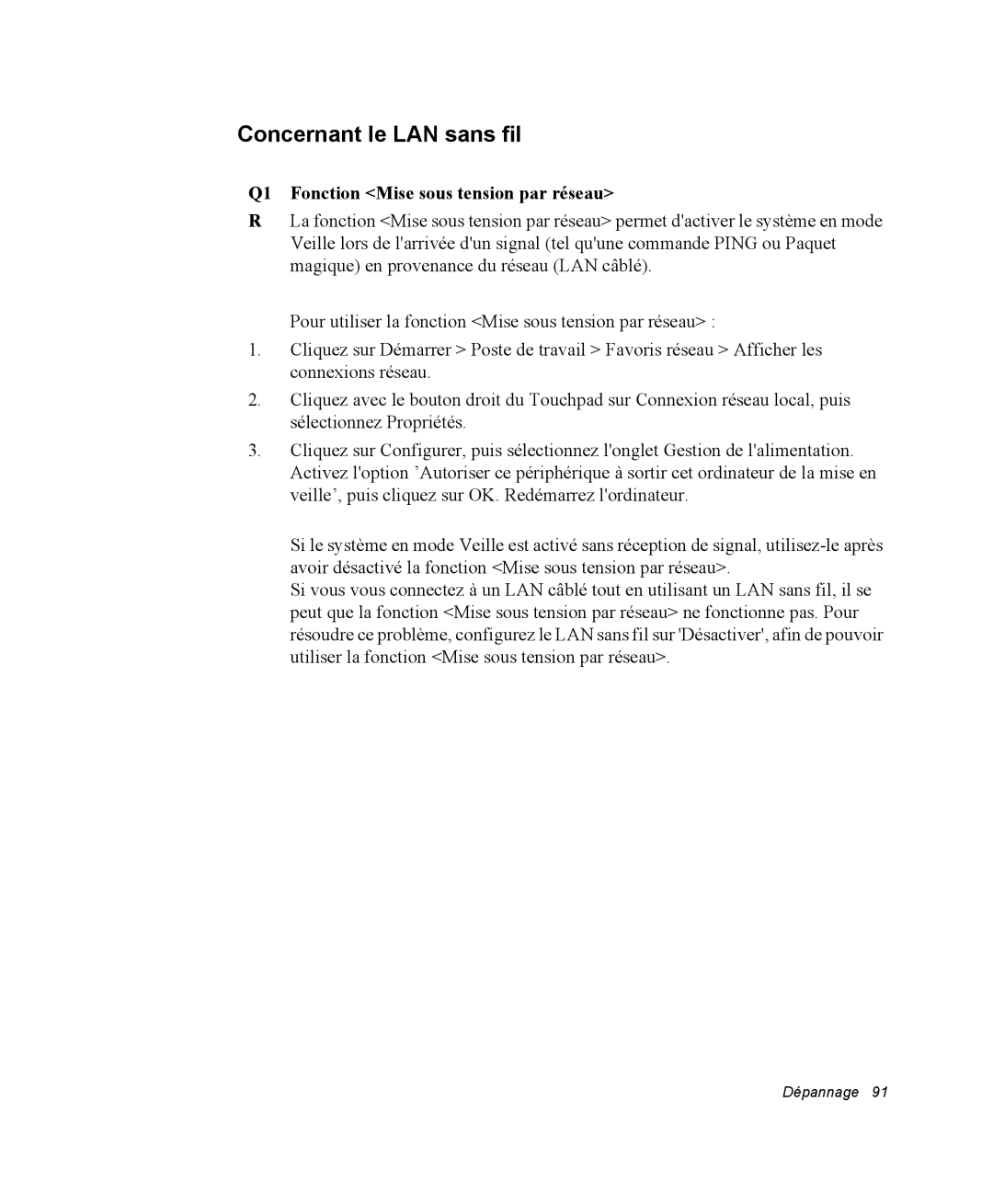 Samsung NM40PRTV03/SEF, NM40PRDV02/SEF, NM40PRD000/SEF Concernant le LAN sans fil, Q1 Fonction Mise sous tension par réseau 