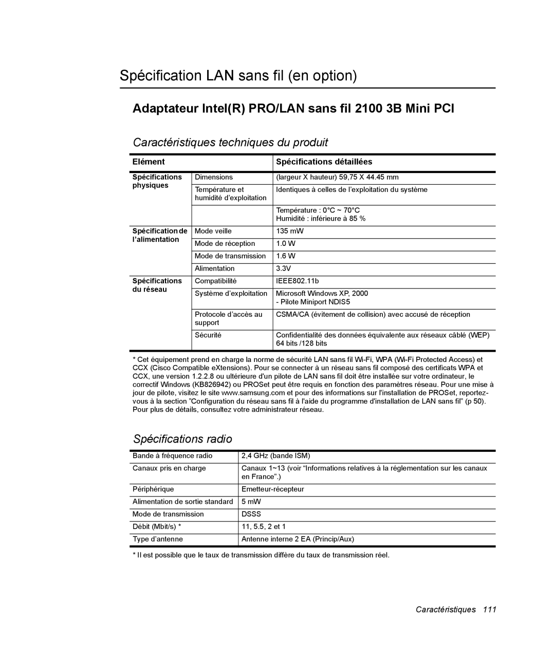 Samsung NM40PRTV01/SEF manual Spécification LAN sans fil en option, Adaptateur IntelR PRO/LAN sans fil 2100 3B Mini PCI 