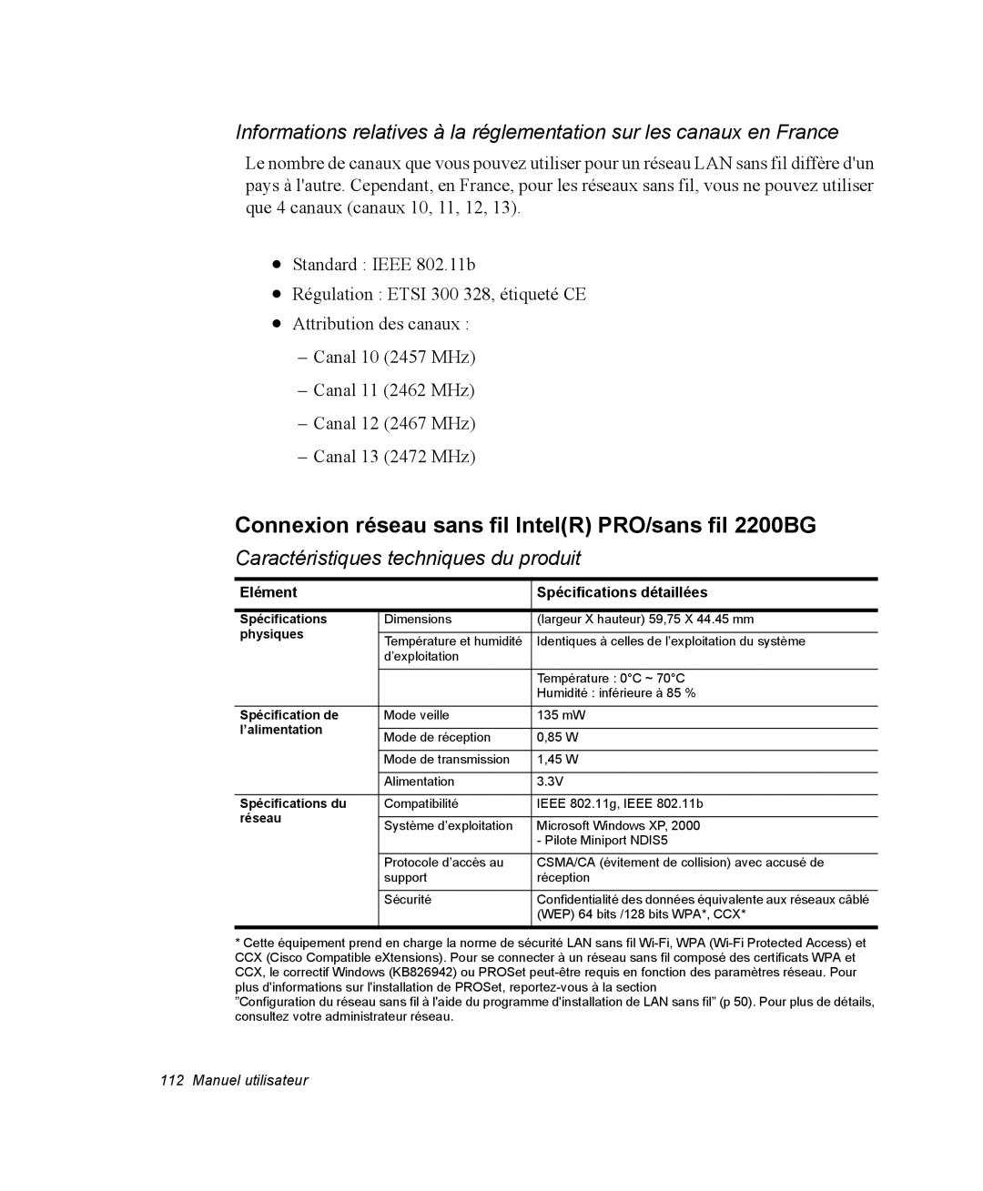 Samsung NM40PRT000/SEF, NM40PRDV02/SEF, NM40PRD000/SEF manual Connexion réseau sans fil IntelR PRO/sans fil 2200BG, Réseau 