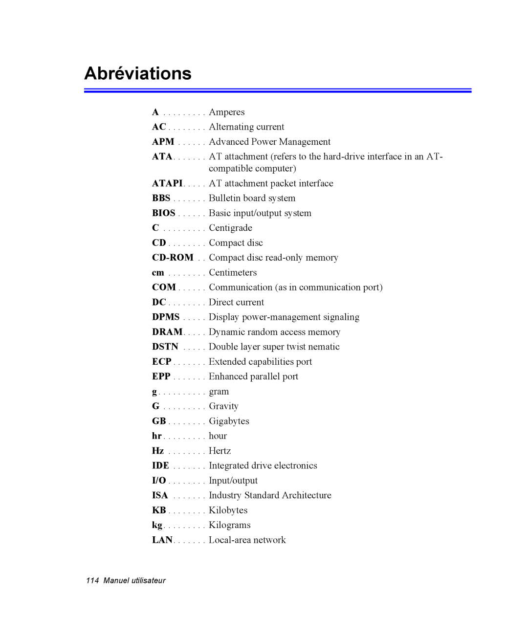 Samsung NM40PRD000/SEF, NM40PRDV02/SEF, NM40PRCV01/SEF, NM40PRTV02/SEF, NM40PRCV02/SEF, NM40PRTV03/SEF manual Abréviations 