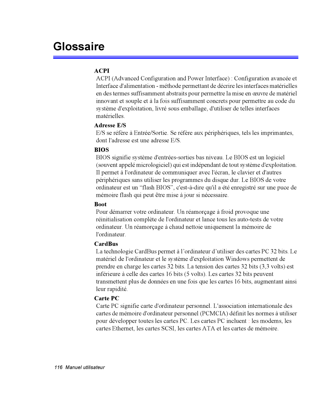 Samsung NM40PRTV02/SEF, NM40PRDV02/SEF, NM40PRD000/SEF, NM40PRCV01/SEF manual Glossaire, Adresse E/S, Boot, CardBus, Carte PC 