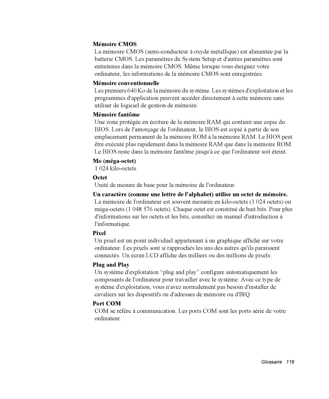 Samsung NM40PRDV03/SEF manual Mémoire Cmos, Mémoire conventionnelle, Mémoire fantôme, Mo méga-octet 1 024 kilo-octets Octet 