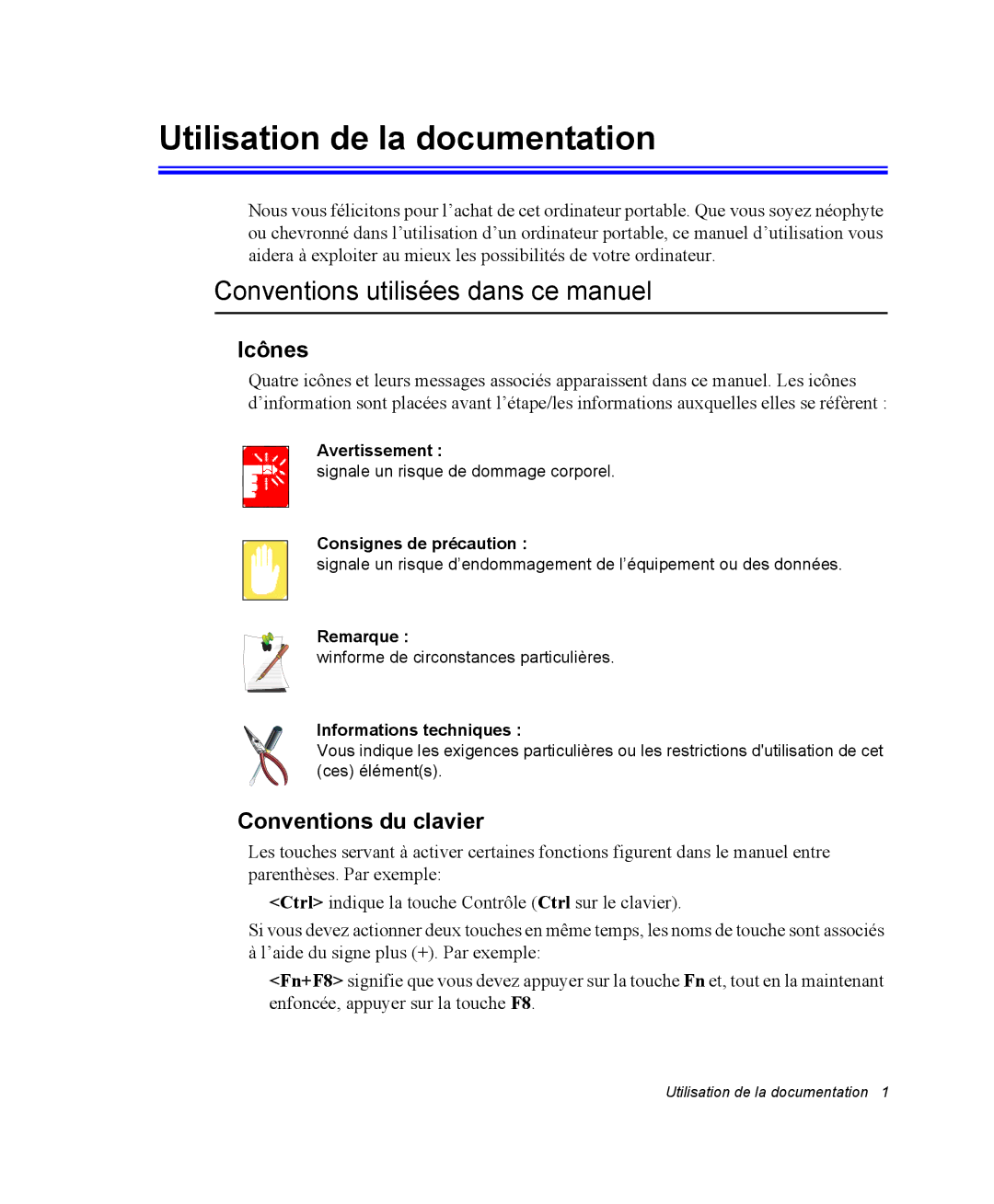 Samsung NM40PRTV03/SEF, NM40PRDV02/SEF manual Utilisation de la documentation, Conventions utilisées dans ce manuel, Icônes 