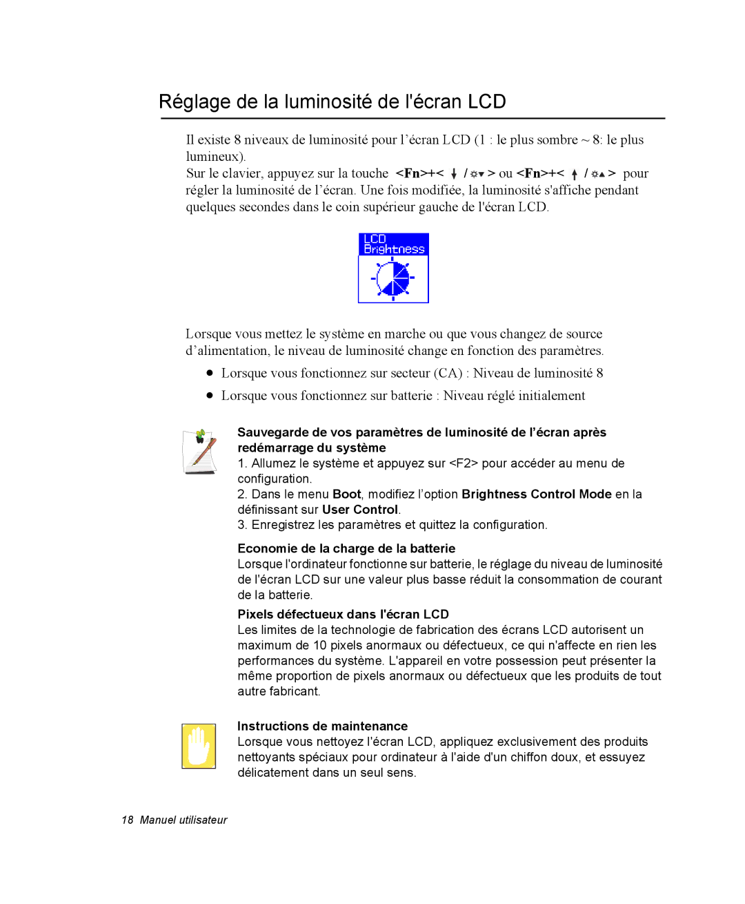 Samsung NM40PRCV02/SEF, NM40PRDV02/SEF manual Réglage de la luminosité de lécran LCD, Economie de la charge de la batterie 