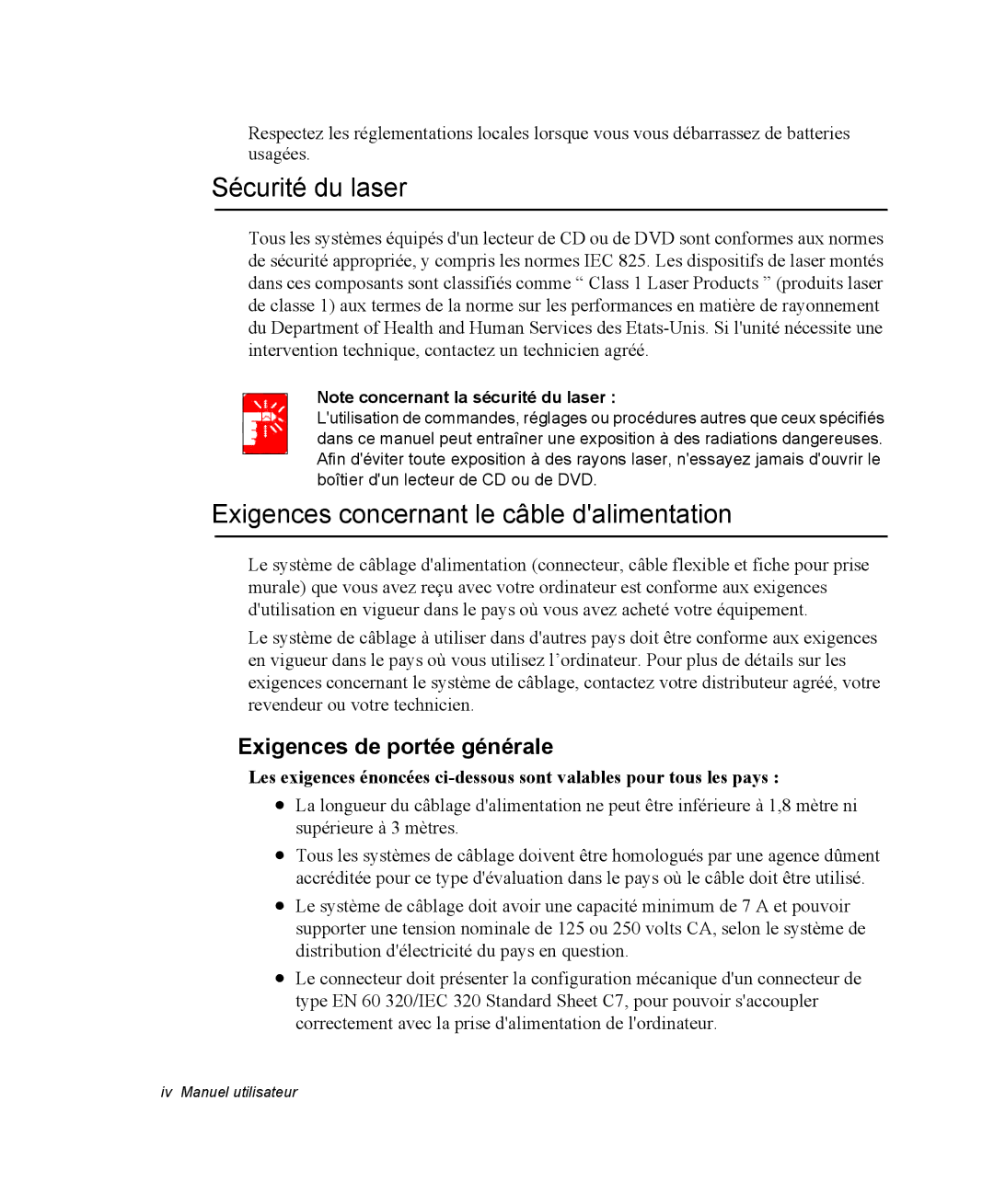 Samsung NM40PRCV02/SEF manual Sécurité du laser, Exigences concernant le câble dalimentation, Exigences de portée générale 