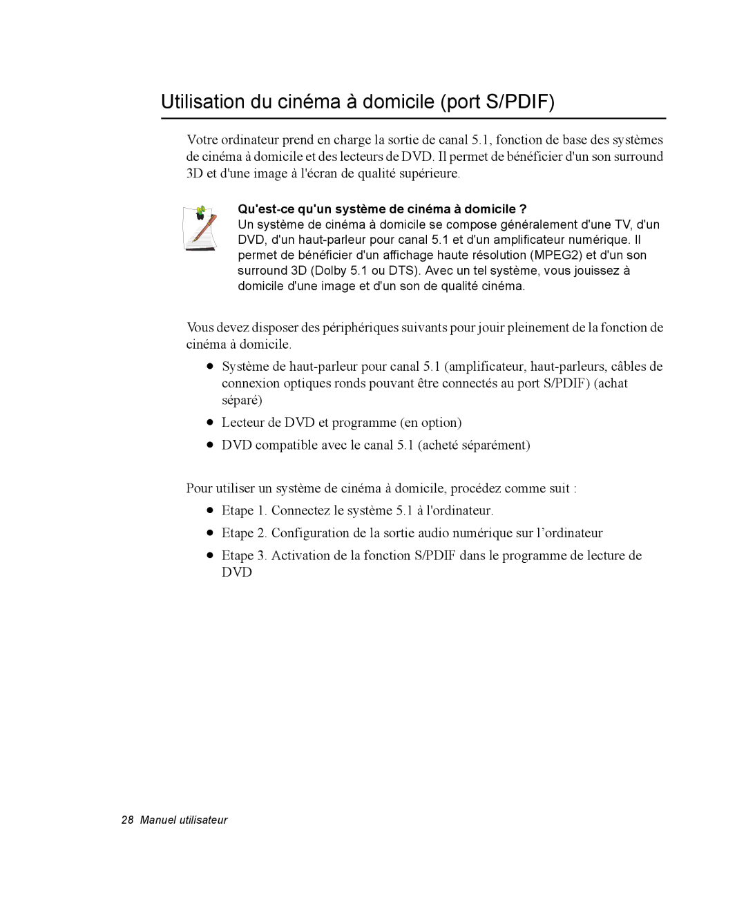 Samsung NM40PRTV03/SEF manual Utilisation du cinéma à domicile port S/PDIF, Quest-ce quun système de cinéma à domicile ? 