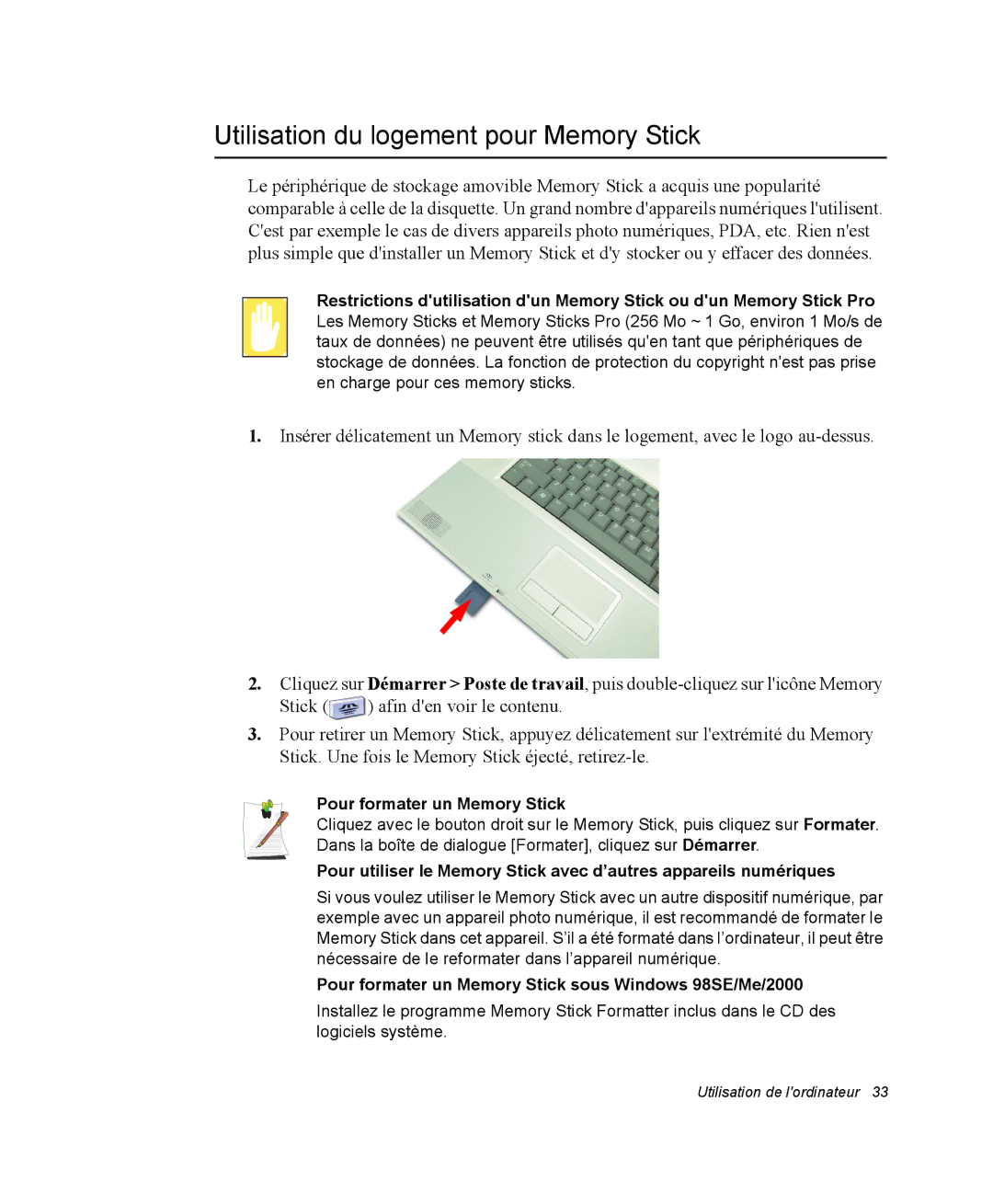 Samsung NM40PRD000/SEF, NM40PRDV02/SEF manual Utilisation du logement pour Memory Stick, Pour formater un Memory Stick 