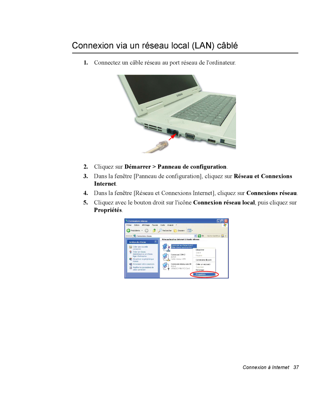 Samsung NM40PRTV03/SEF manual Connexion via un réseau local LAN câblé, Cliquez sur Démarrer Panneau de configuration 