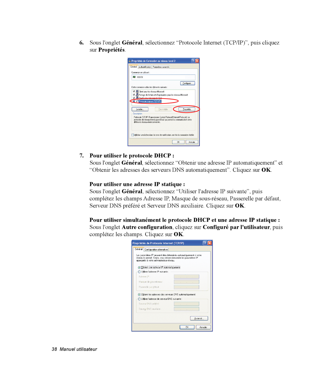 Samsung NM40PRDV03/SEF, NM40PRDV02/SEF manual Pour utiliser le protocole Dhcp, Pour utiliser une adresse IP statique 