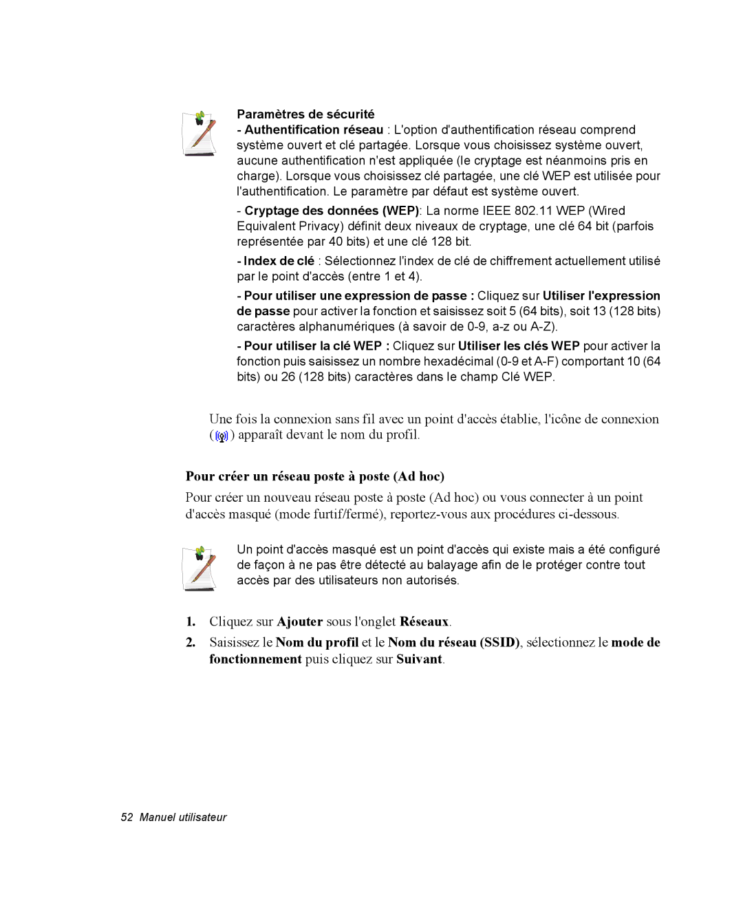 Samsung NM40PRCV01/SEF, NM40PRDV02/SEF, NM40PRD000/SEF Pour créer un réseau poste à poste Ad hoc, Paramètres de sécurité 