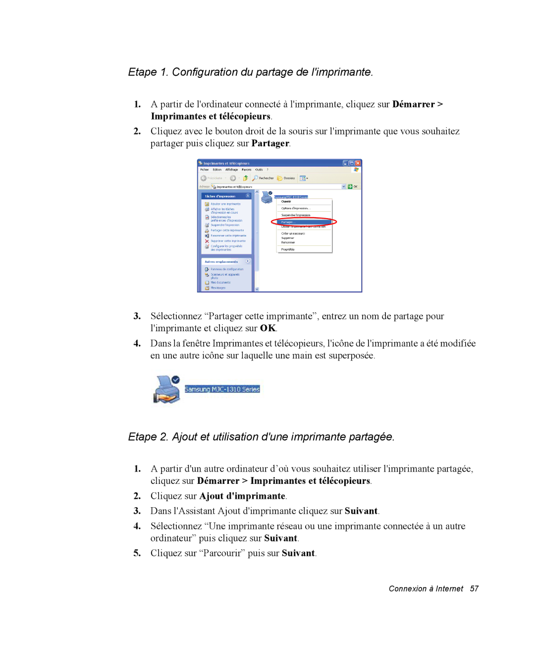 Samsung NM40PRTV01/SEF, NM40PRDV02/SEF Etape 1. Configuration du partage de limprimante, Cliquez sur Ajout dimprimante 