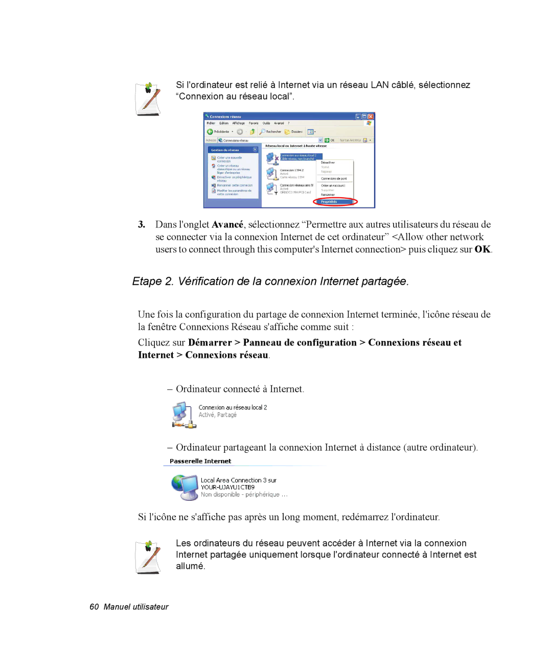 Samsung NM40PRD000/SEF, NM40PRDV02/SEF, NM40PRCV01/SEF manual Etape 2. Vérification de la connexion Internet partagée 