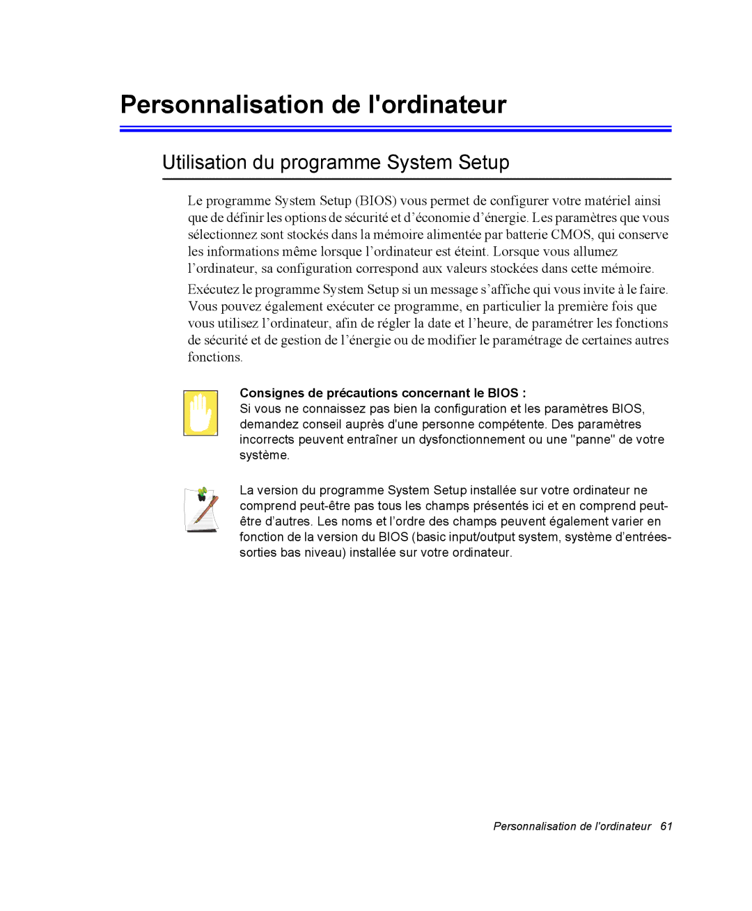 Samsung NM40PRCV01/SEF, NM40PRDV02/SEF manual Personnalisation de lordinateur, Utilisation du programme System Setup 