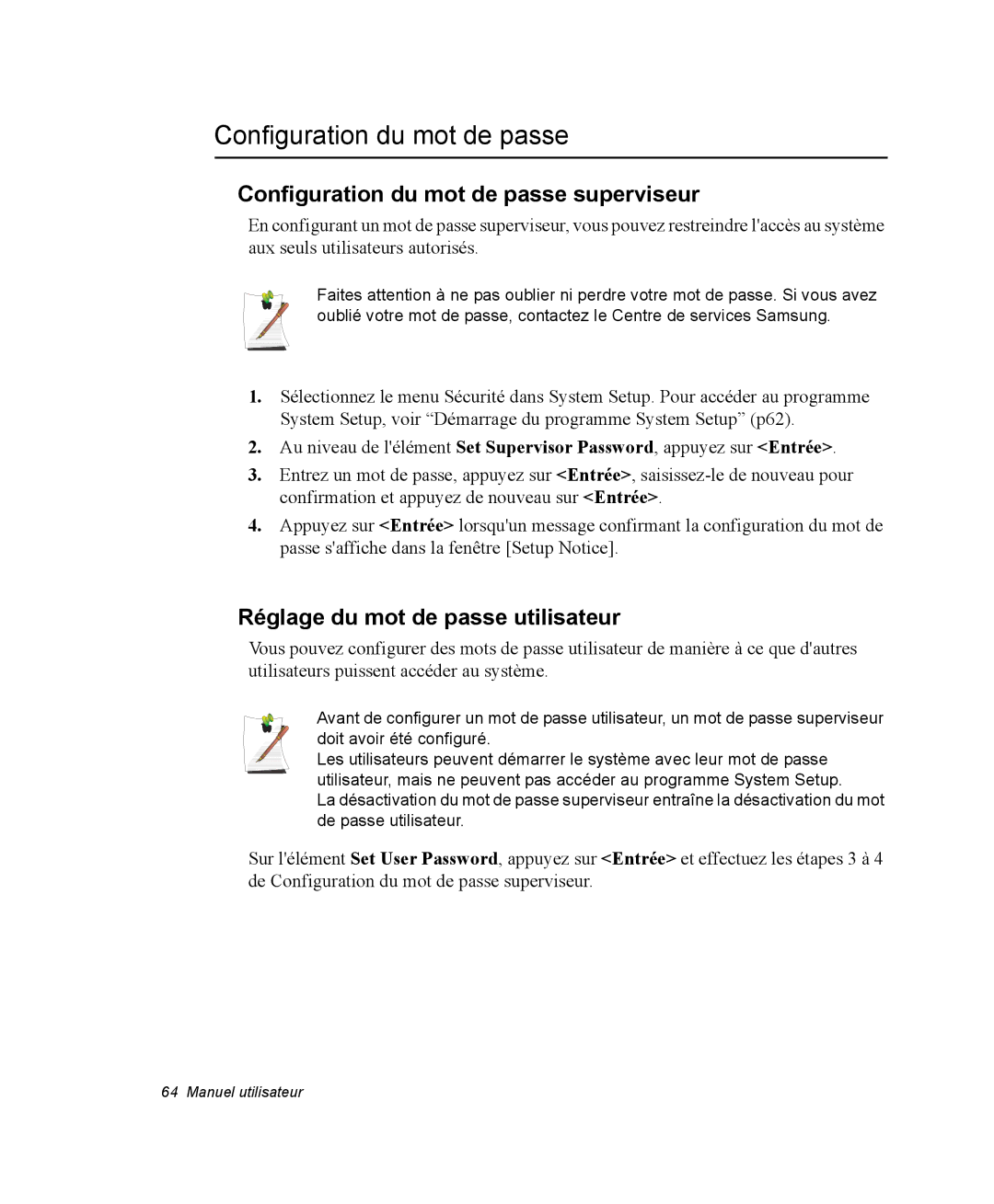 Samsung NM40PRTV03/SEF, NM40PRDV02/SEF Configuration du mot de passe superviseur, Réglage du mot de passe utilisateur 