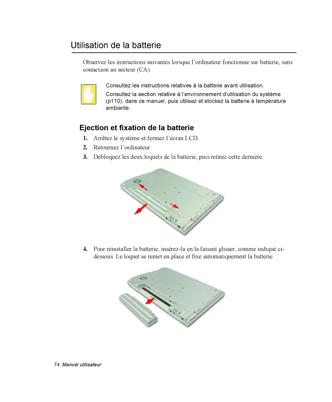 Samsung NM40PRDV03/SEF, NM40PRDV02/SEF, NM40PRD000/SEF manual Utilisation de la batterie, Ejection et fixation de la batterie 