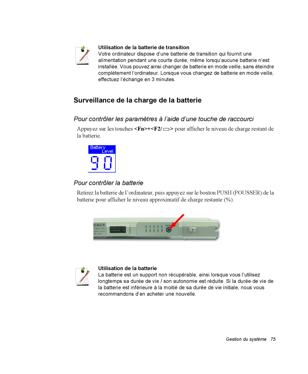 Samsung NM40PRTV01/SEF Surveillance de la charge de la batterie, Pour contrôler la batterie, Utilisation de la batterie 