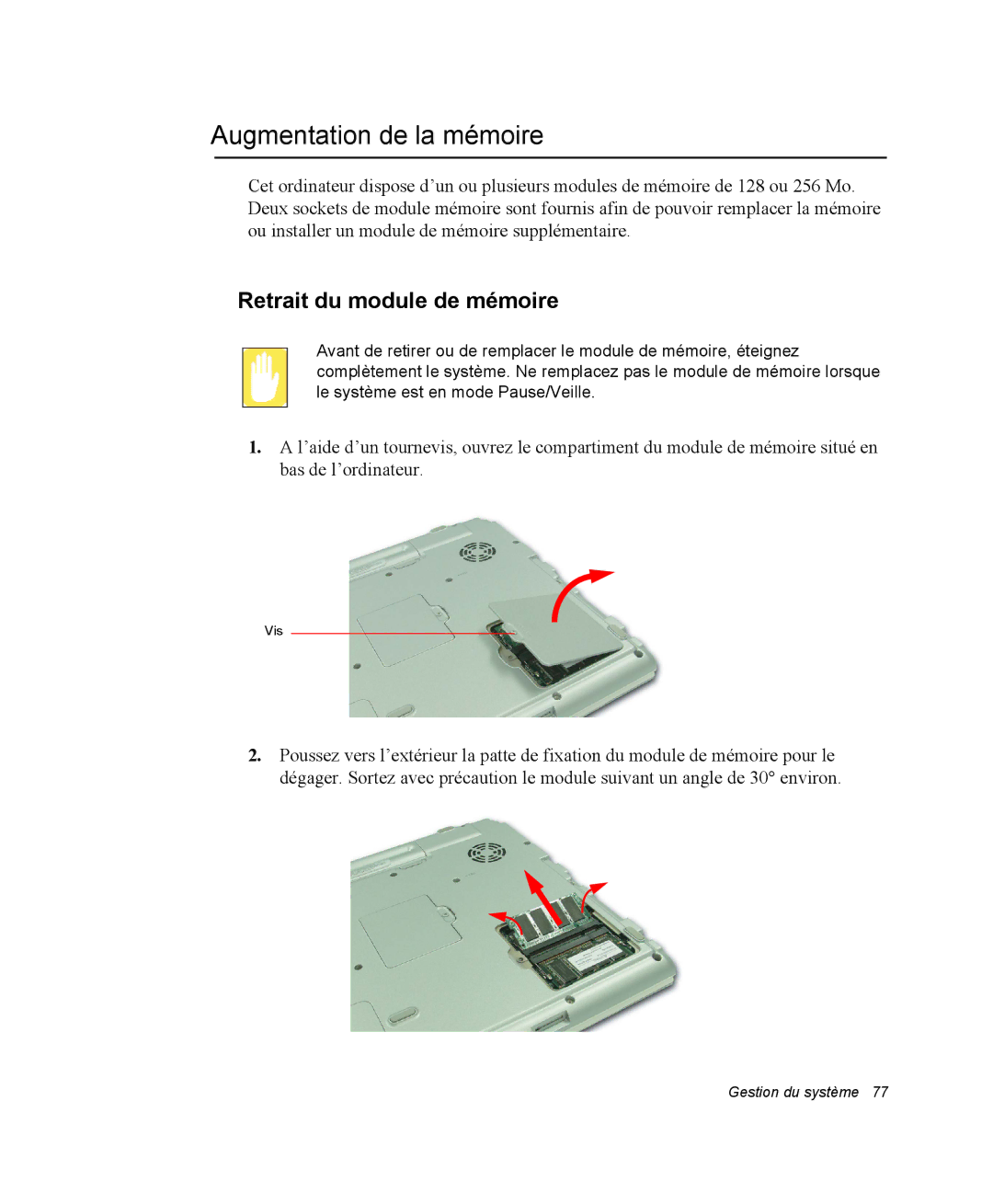 Samsung NM40PRDV02/SEF, NM40PRD000/SEF, NM40PRCV01/SEF manual Augmentation de la mémoire, Retrait du module de mémoire 