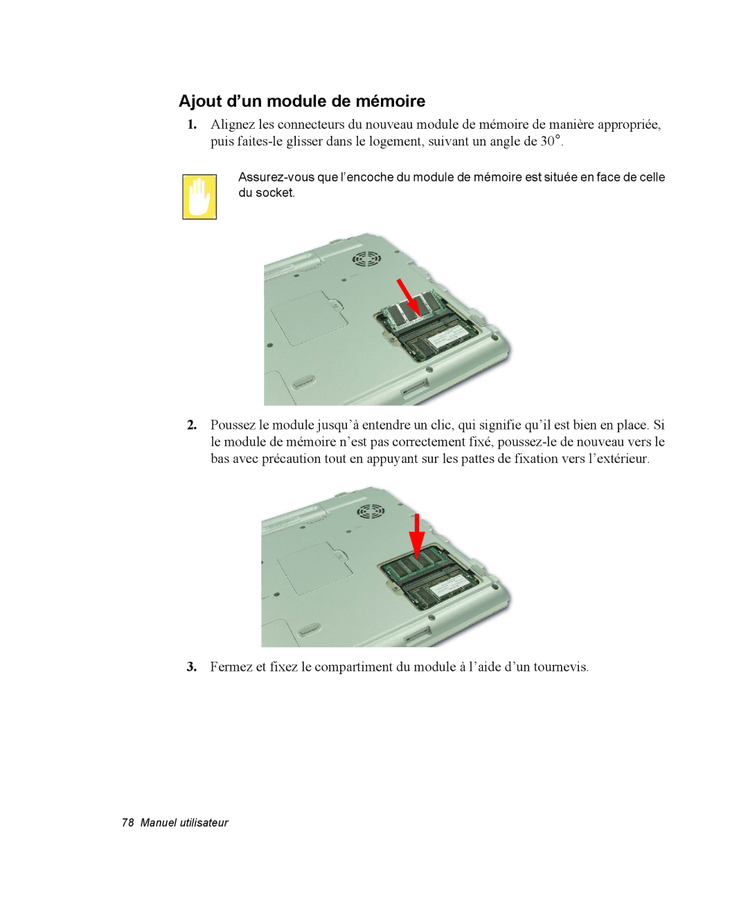 Samsung NM40PRD000/SEF, NM40PRDV02/SEF, NM40PRCV01/SEF, NM40PRTV02/SEF, NM40PRCV02/SEF manual Ajout d’un module de mémoire 