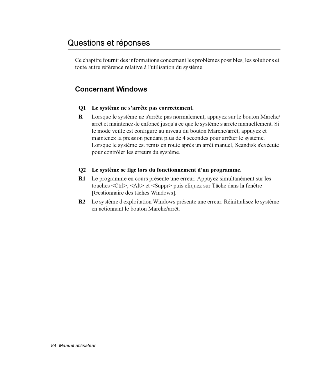 Samsung NM40PRTV01/SEF manual Questions et réponses, Concernant Windows, Q1 Le système ne sarrête pas correctement 