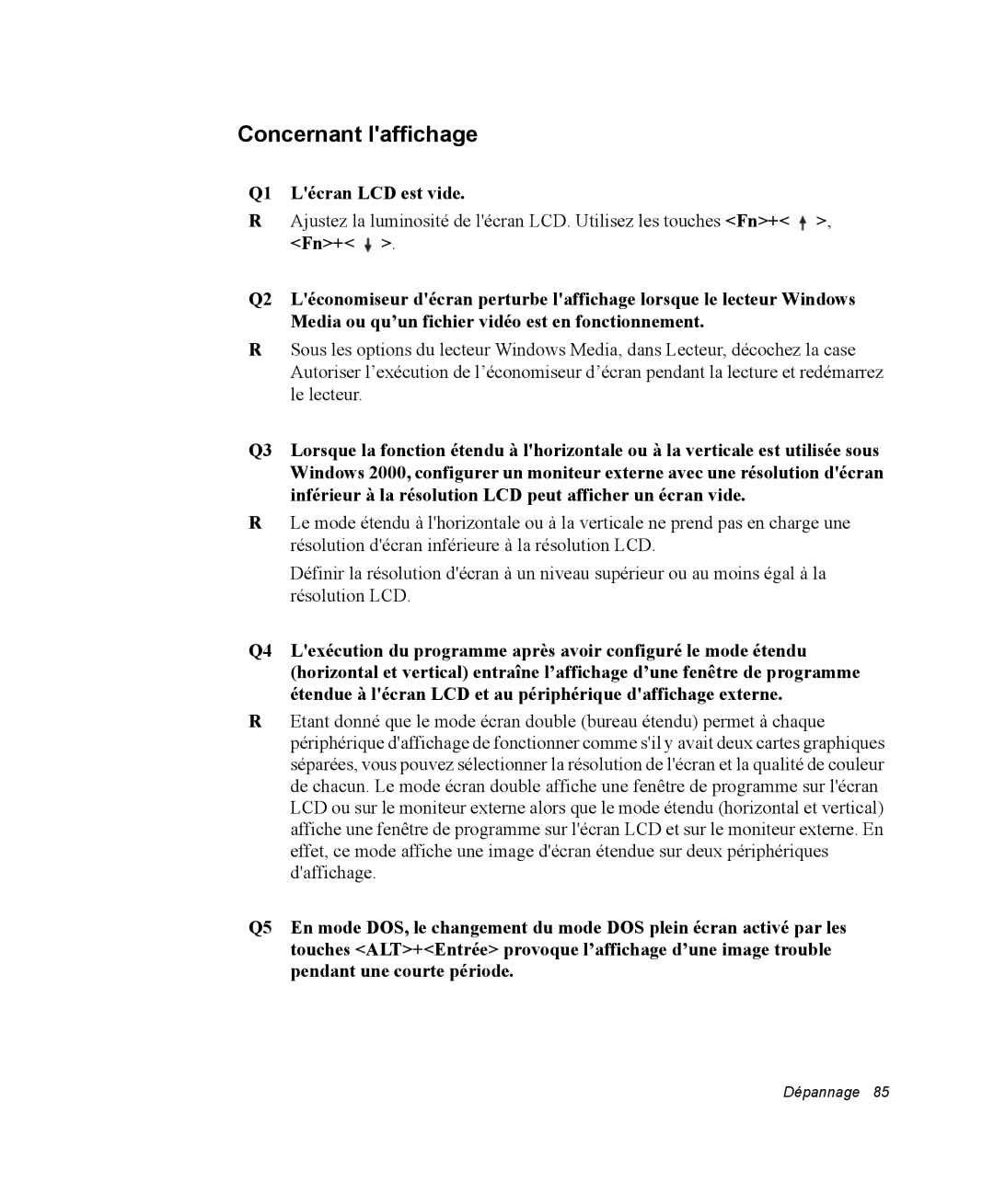 Samsung NM40PRT000/SEF, NM40PRDV02/SEF, NM40PRD000/SEF, NM40PRCV01/SEF manual Concernant laffichage, Q1 Lécran LCD est vide 