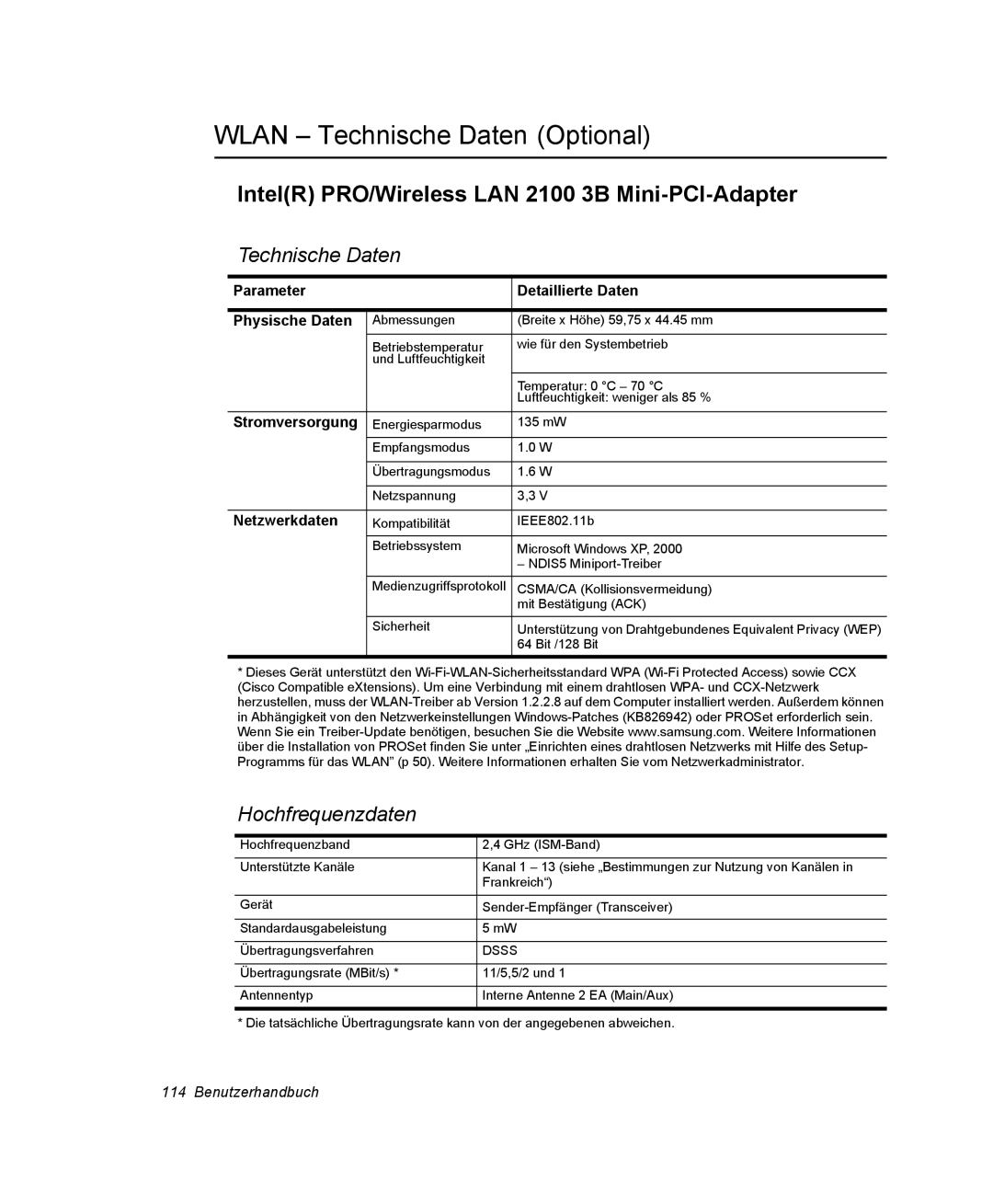 Samsung NM40PRTV02/SEG Wlan Technische Daten Optional, IntelR PRO/Wireless LAN 2100 3B Mini-PCI-Adapter, Hochfrequenzdaten 