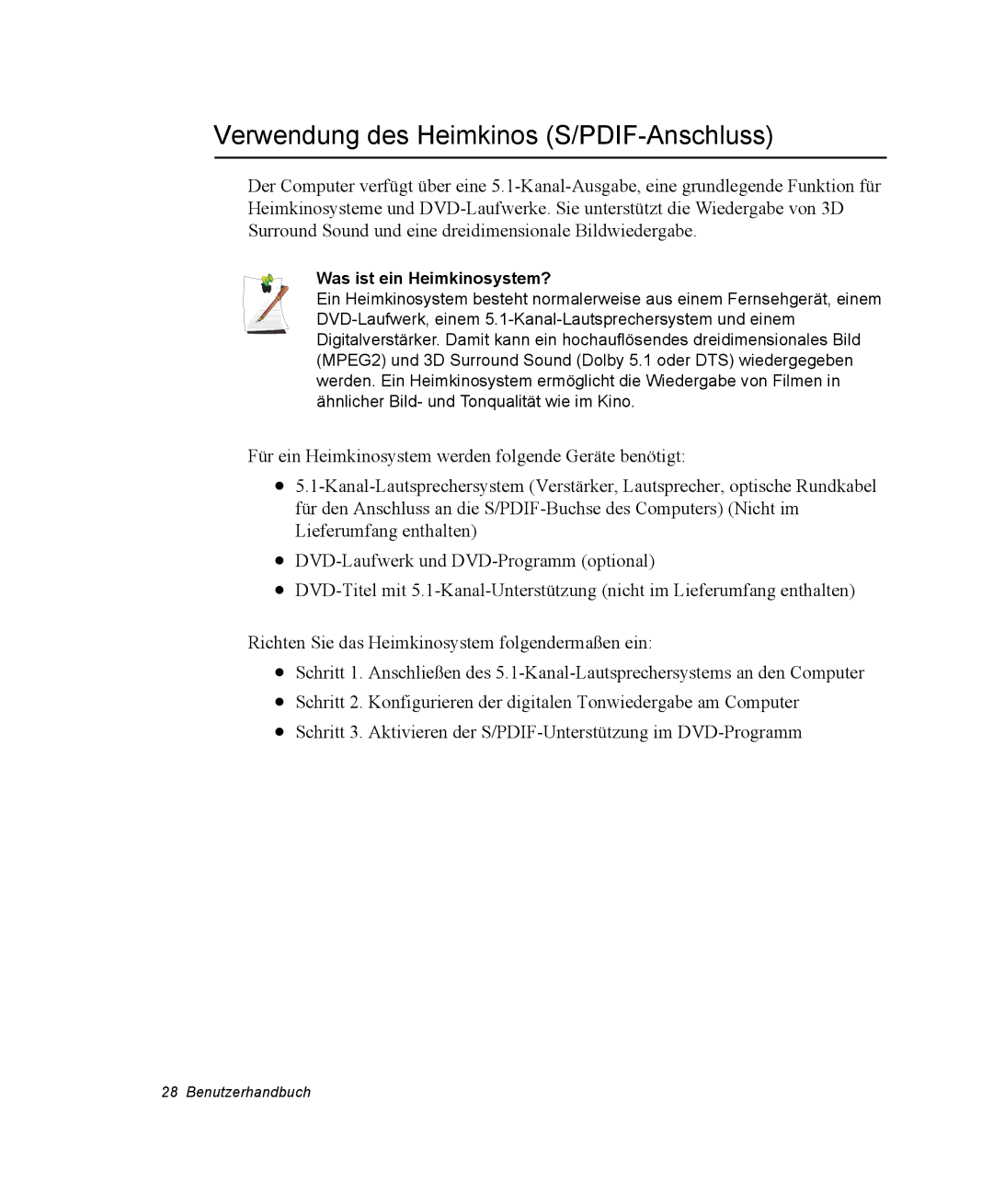 Samsung NP-Q30C000/SEG, NM40TH0FMS/SEG manual Verwendung des Heimkinos S/PDIF-Anschluss, Was ist ein Heimkinosystem? 