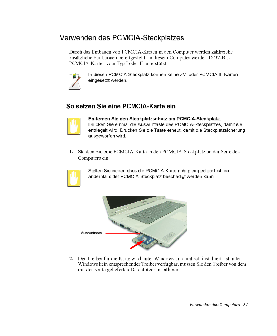 Samsung NM40PRTV01/SEG, NM40TH0FMS/SEG manual Verwenden des PCMCIA-Steckplatzes, So setzen Sie eine PCMCIA-Karte ein 