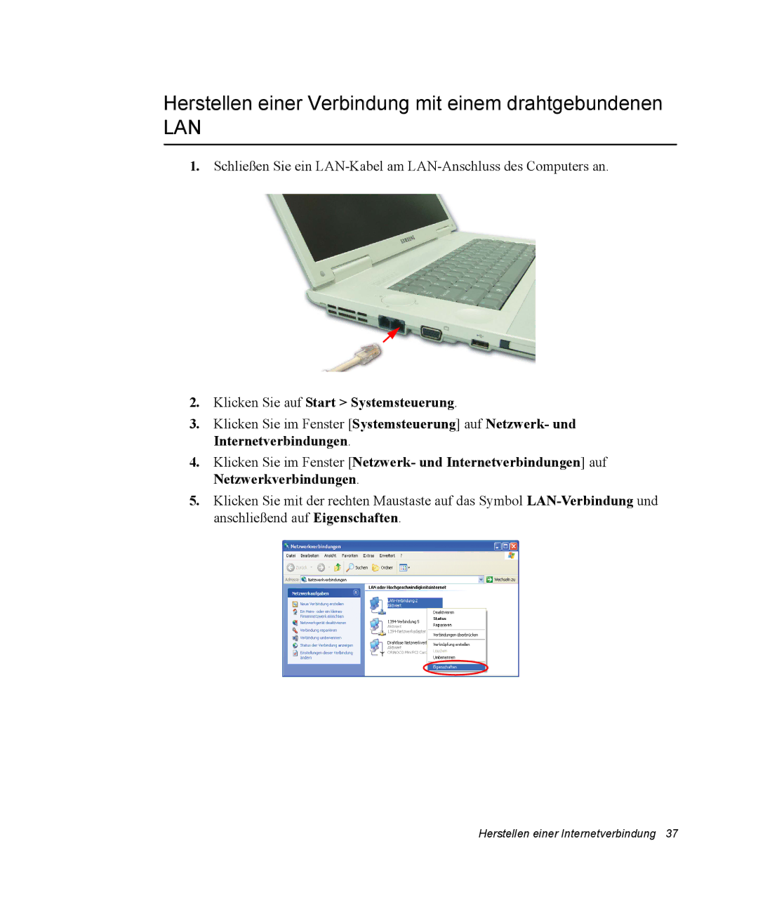 Samsung NP-Q30TY02/SEG manual Herstellen einer Verbindung mit einem drahtgebundenen, Klicken Sie auf Start Systemsteuerung 