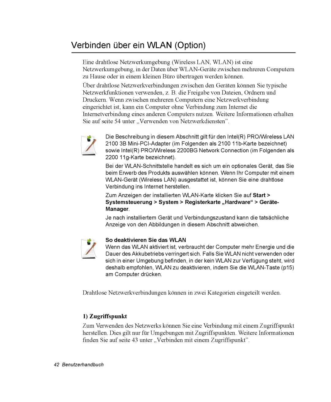 Samsung NP-Q30TY04/SEG, NM40TH0FMS/SEG manual Verbinden über ein Wlan Option, Zugriffspunkt, So deaktivieren Sie das Wlan 