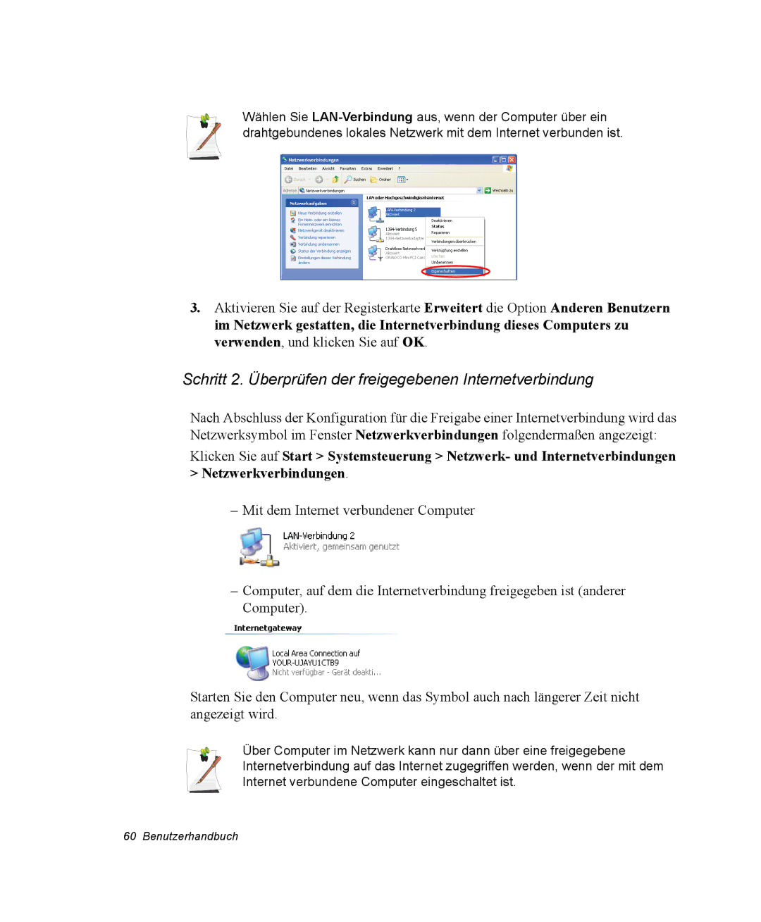 Samsung NP-Q30CY00/SEG, NM40TH0FMS/SEG, NM40PRTV02/SEG manual Schritt 2. Überprüfen der freigegebenen Internetverbindung 