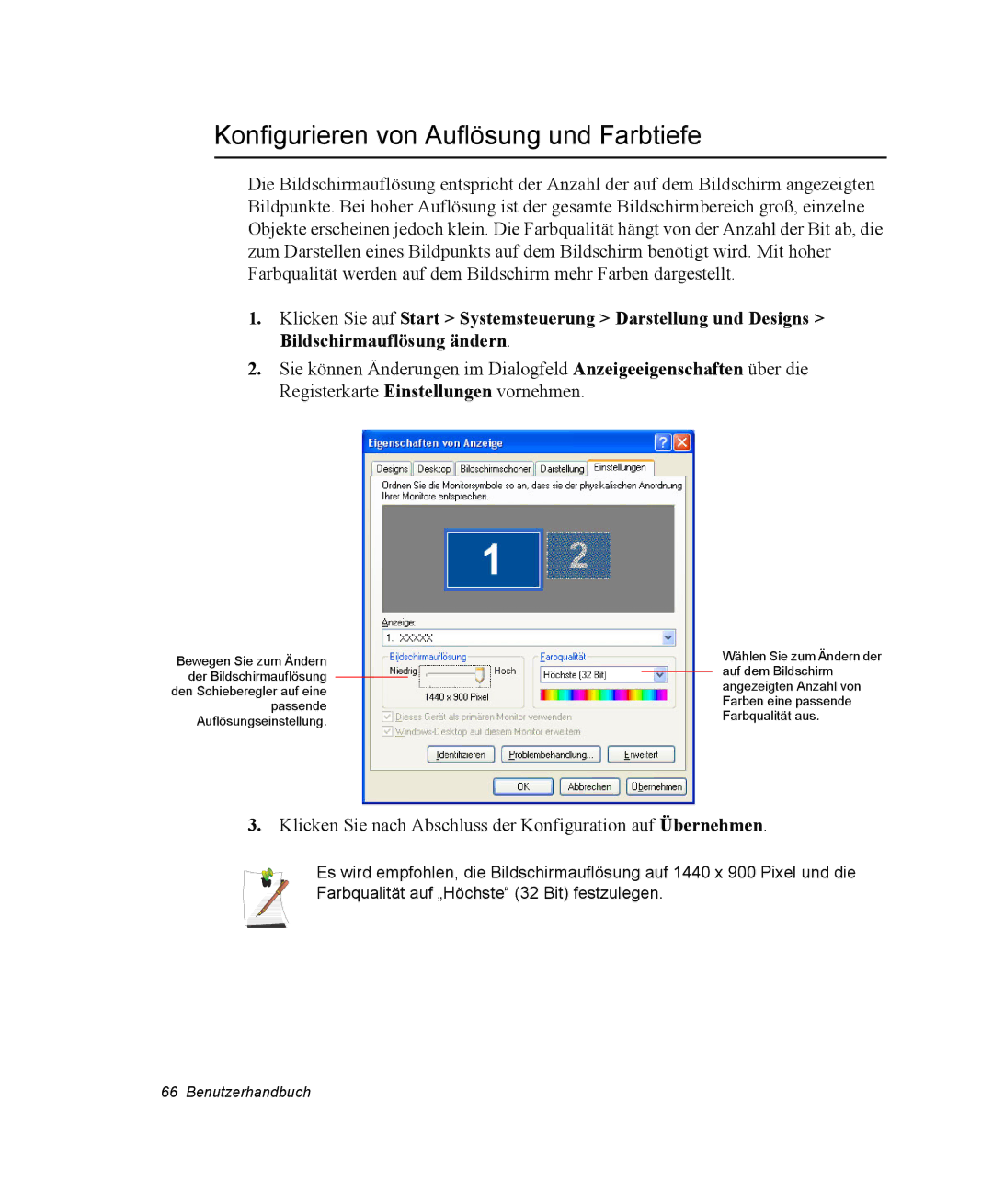 Samsung NP-Q30T002/SEG, NM40TH0FMS/SEG, NM40PRTV02/SEG, NM40PRTV01/SEG manual Konfigurieren von Auflösung und Farbtiefe 