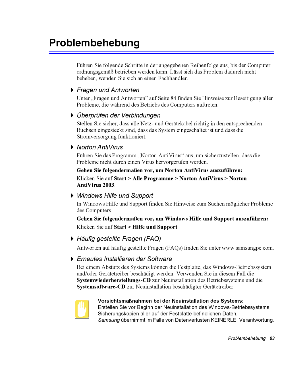 Samsung NP-Q30TY01/SEG manual Problembehebung, Fragen und Antworten, Überprüfen der Verbindungen, Norton AntiVirus 