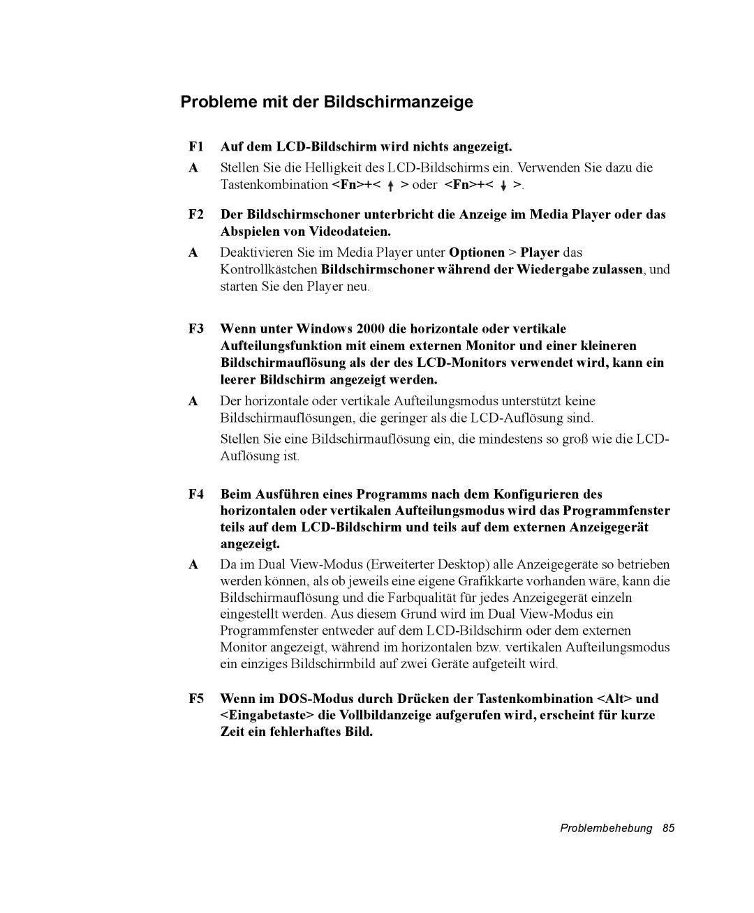 Samsung NP-Q30TY03/SEG, NM40TH0FMS/SEG Probleme mit der Bildschirmanzeige, F1 Auf dem LCD-Bildschirm wird nichts angezeigt 