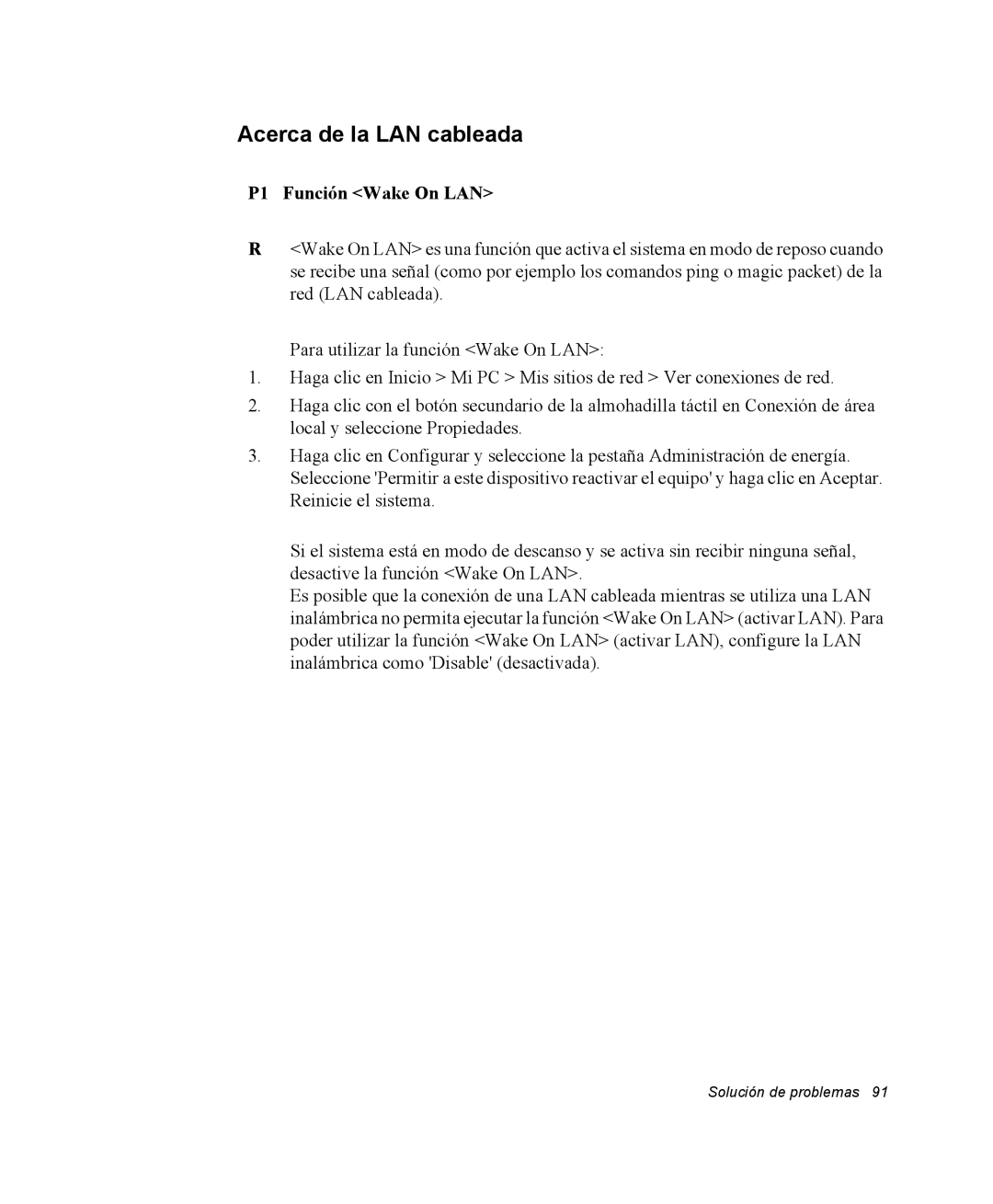 Samsung NM40TH0JP0/SES, NM40PRCV01/SES manual Acerca de la LAN cableada, P1 Función Wake On LAN 