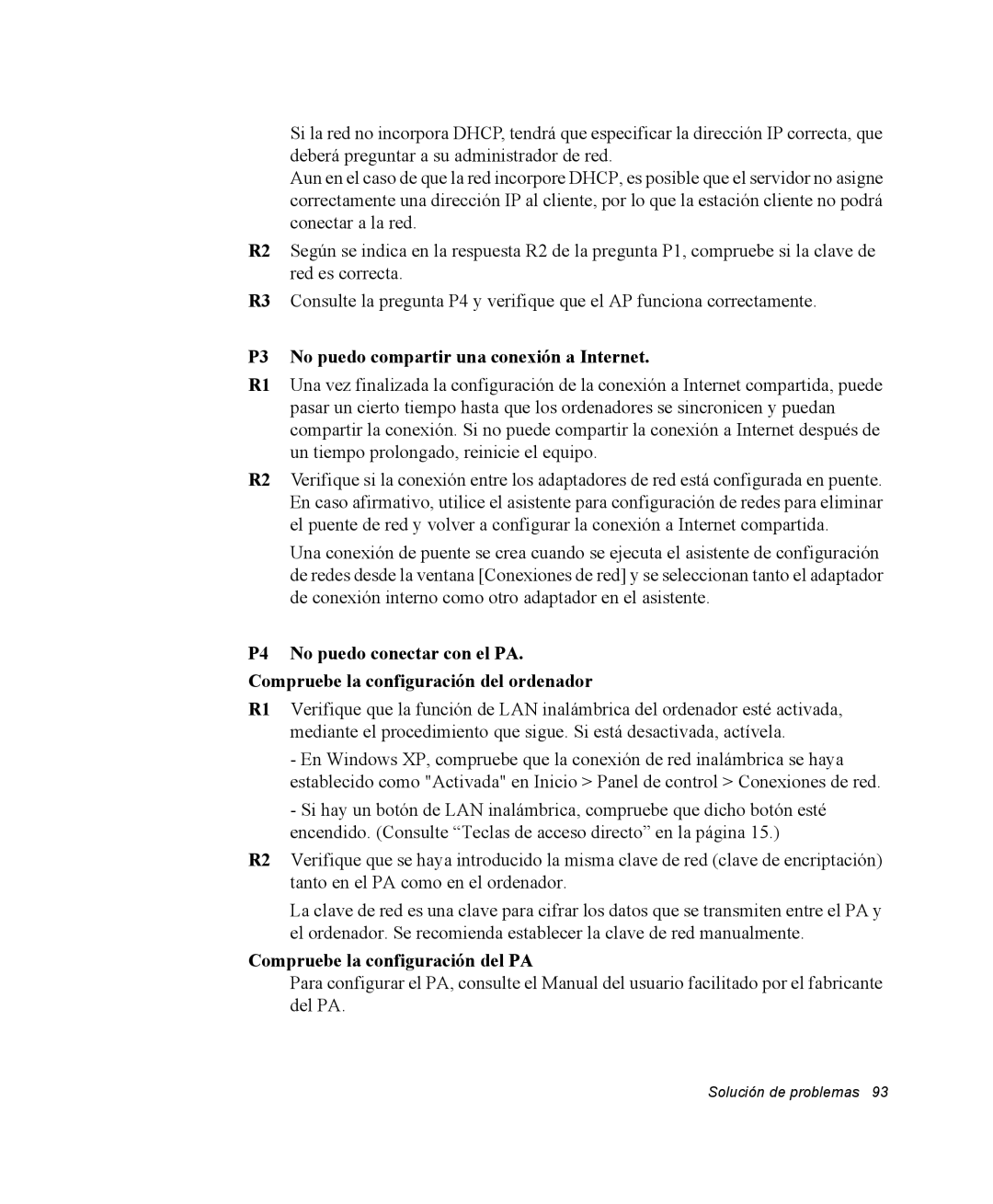 Samsung NM40TH0JP0/SES, NM40PRCV01/SES P3 No puedo compartir una conexión a Internet, Compruebe la configuración del PA 