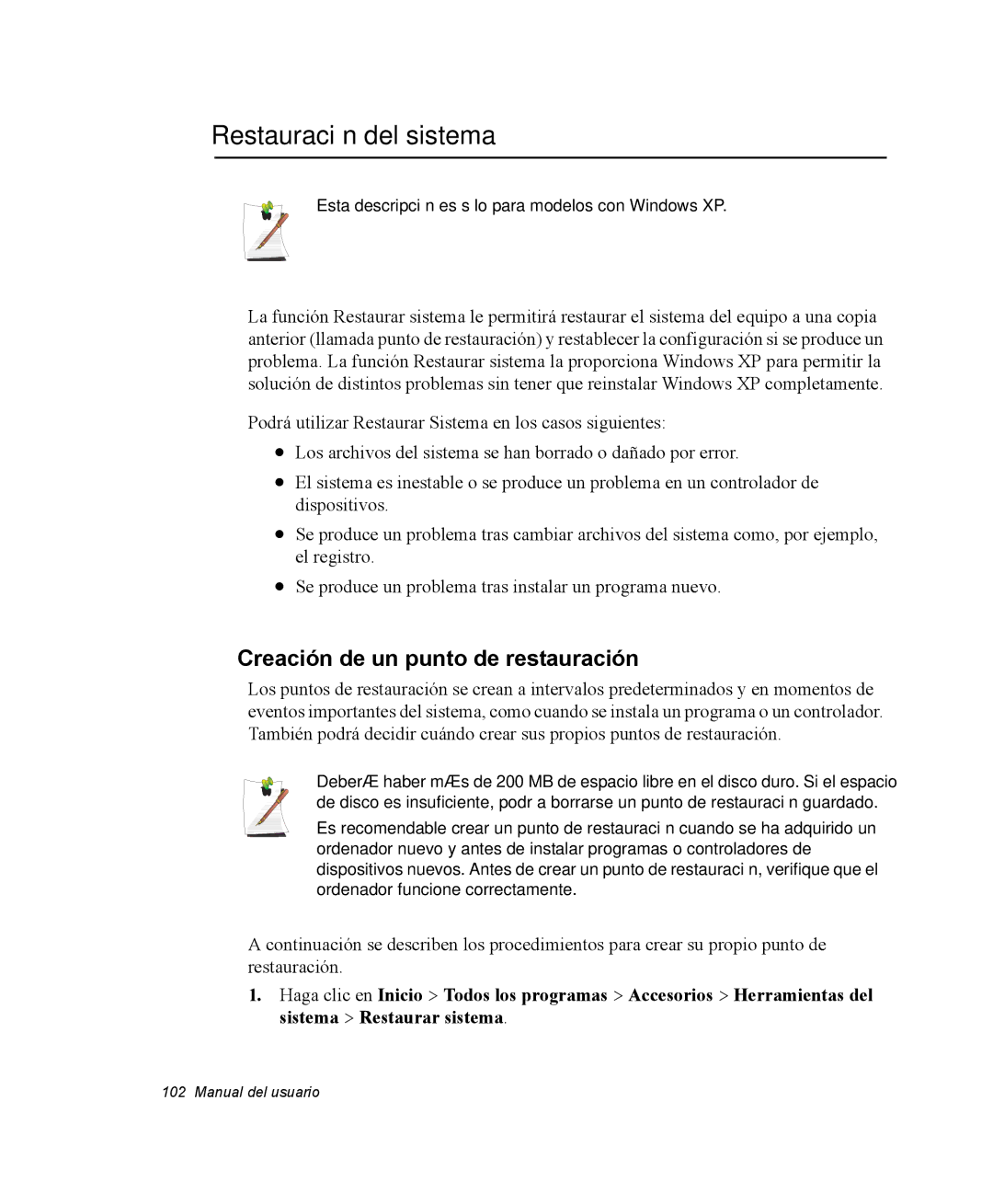 Samsung NM40PRCV01/SES, NM40TH0JP0/SES manual Restauración del sistema, Creación de un punto de restauración 