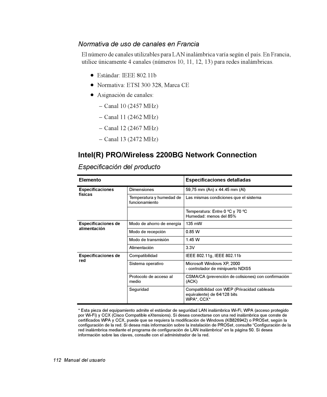 Samsung NM40PRCV01/SES manual IntelR PRO/Wireless 2200BG Network Connection, Normativa de uso de canales en Francia 