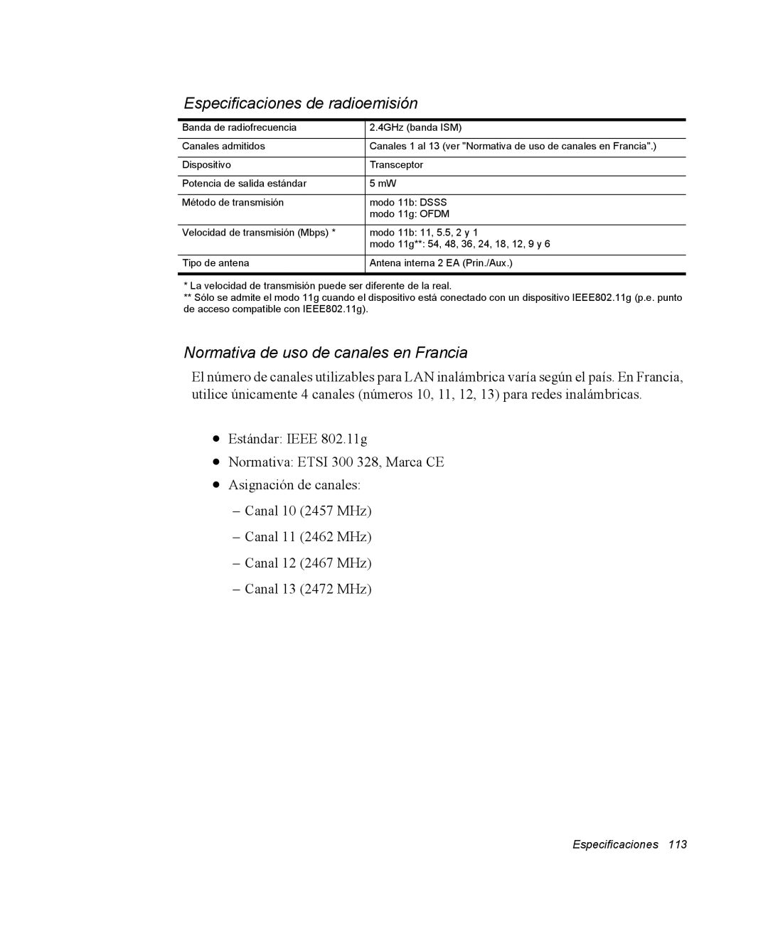 Samsung NM40TH0JP0/SES, NM40PRCV01/SES manual Especificaciones de radioemisión 