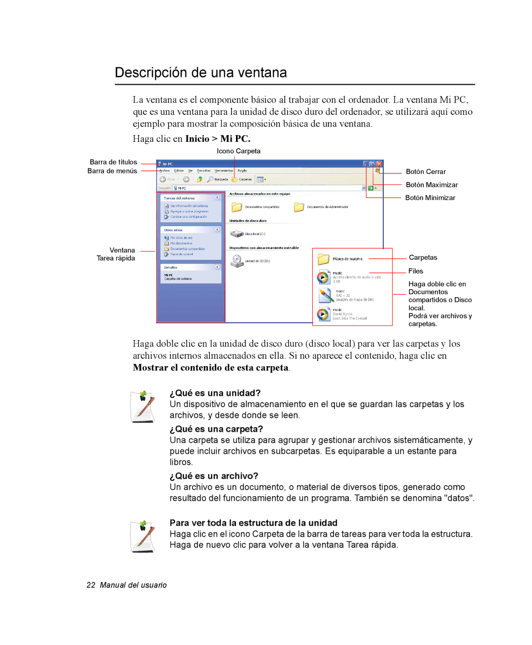 Samsung NM40PRCV01/SES, NM40TH0JP0/SES manual Descripción de una ventana, Haga clic en Inicio Mi PC 