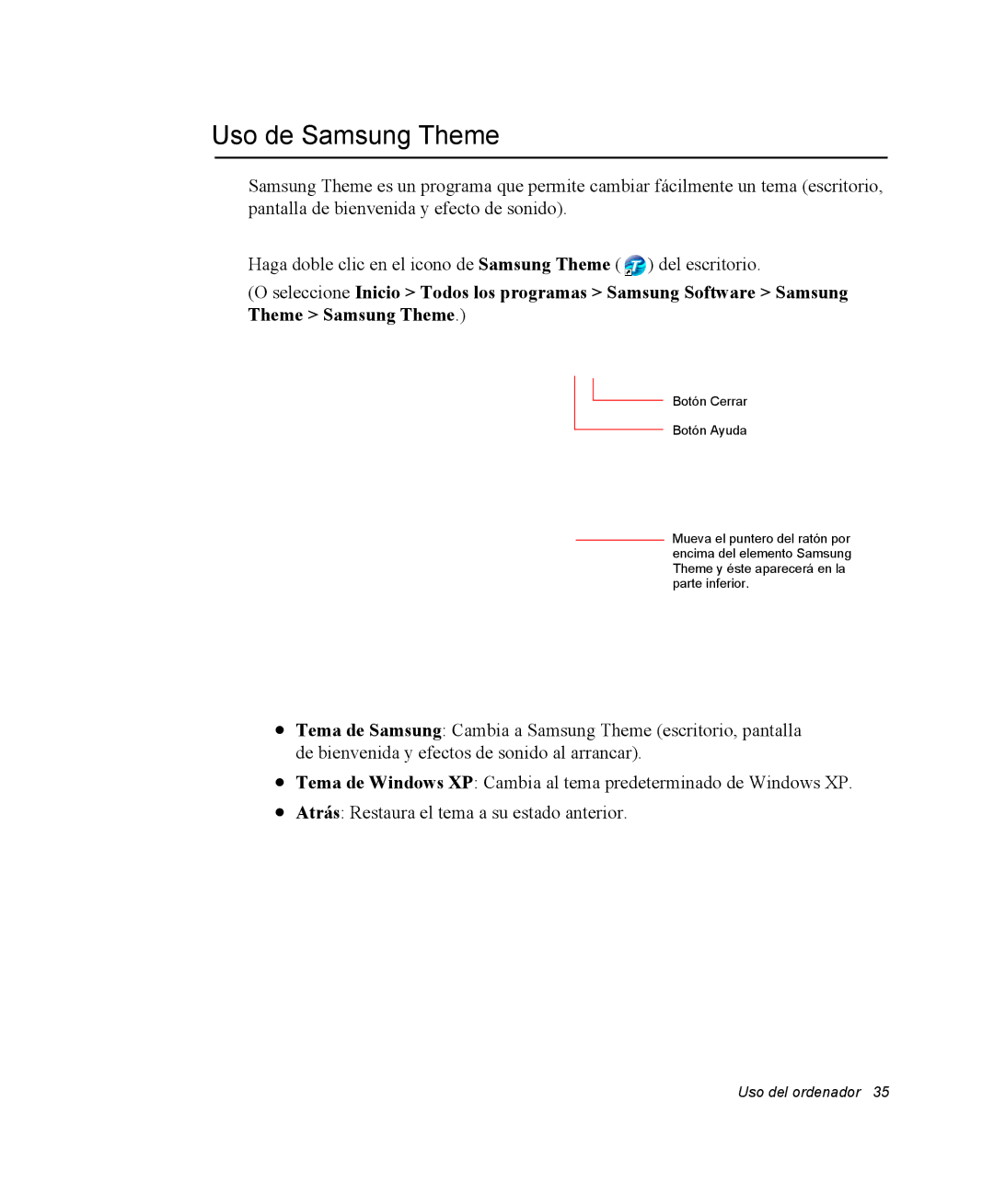 Samsung NM40TH0JP0/SES, NM40PRCV01/SES manual Uso de Samsung Theme 