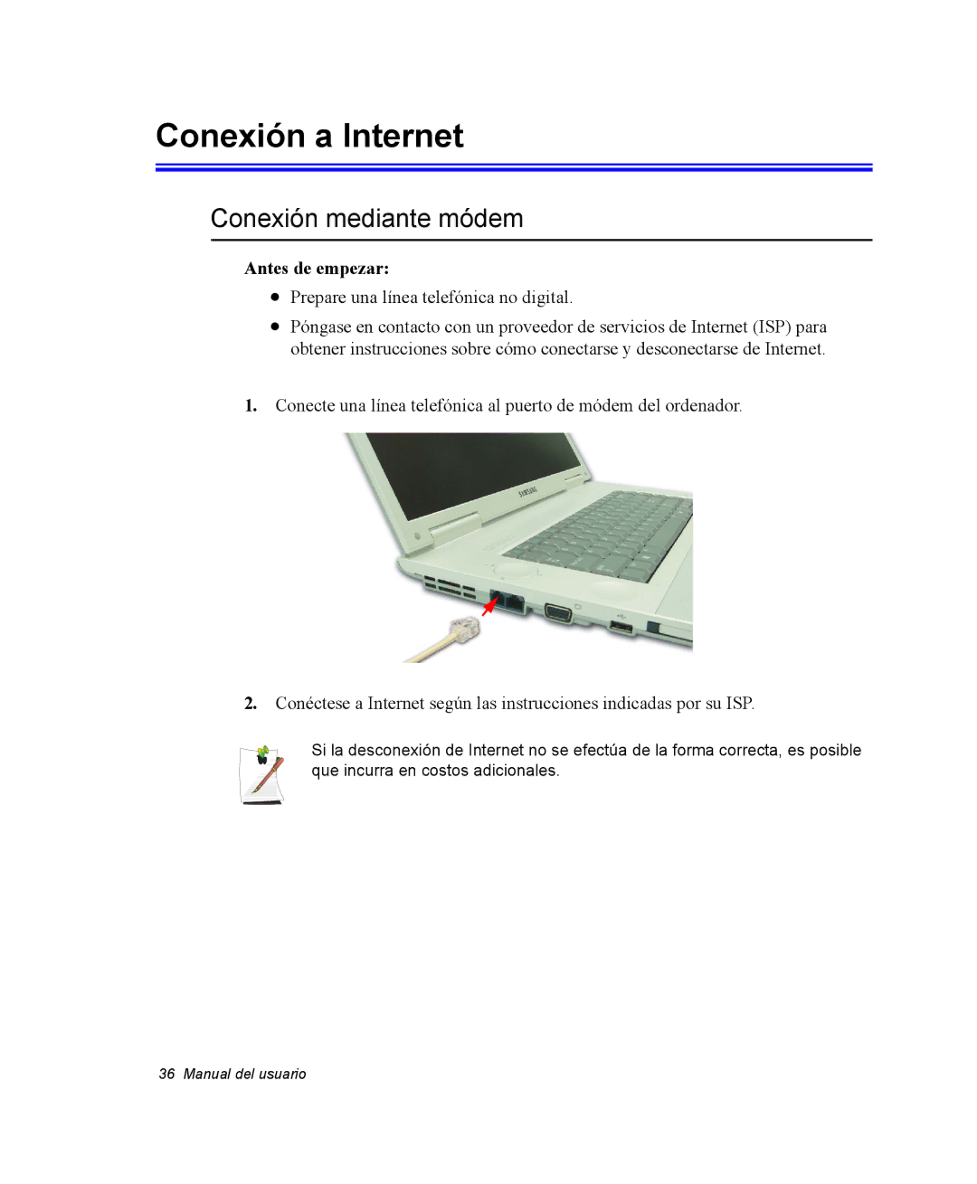 Samsung NM40PRCV01/SES, NM40TH0JP0/SES manual Conexión a Internet, Conexión mediante módem, Antes de empezar 