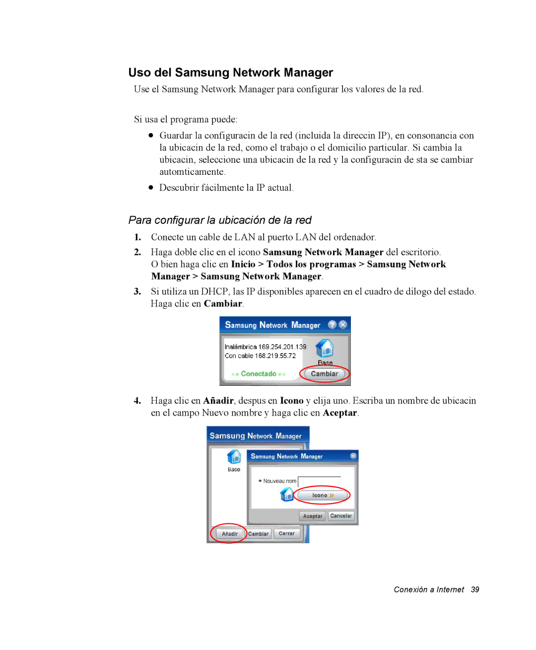 Samsung NM40TH0JP0/SES, NM40PRCV01/SES manual Uso del Samsung Network Manager, Para configurar la ubicación de la red 