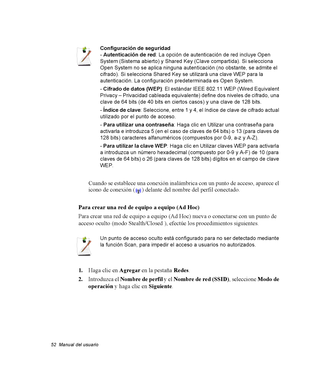 Samsung NM40PRCV01/SES, NM40TH0JP0/SES manual Para crear una red de equipo a equipo Ad Hoc, Configuración de seguridad 