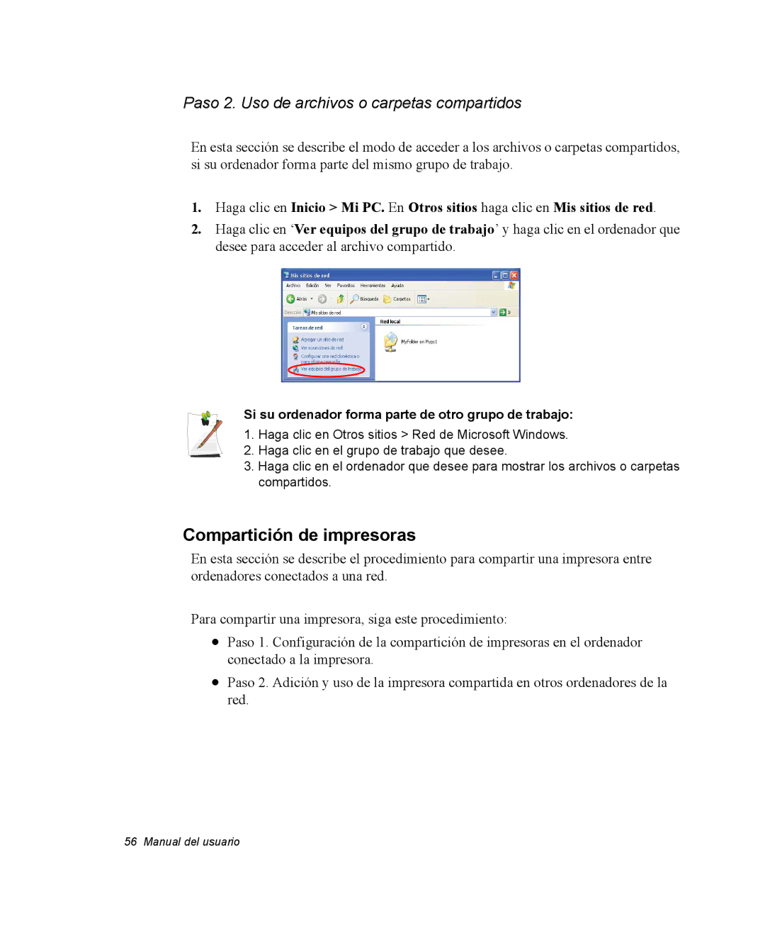 Samsung NM40PRCV01/SES, NM40TH0JP0/SES manual Compartición de impresoras, Paso 2. Uso de archivos o carpetas compartidos 