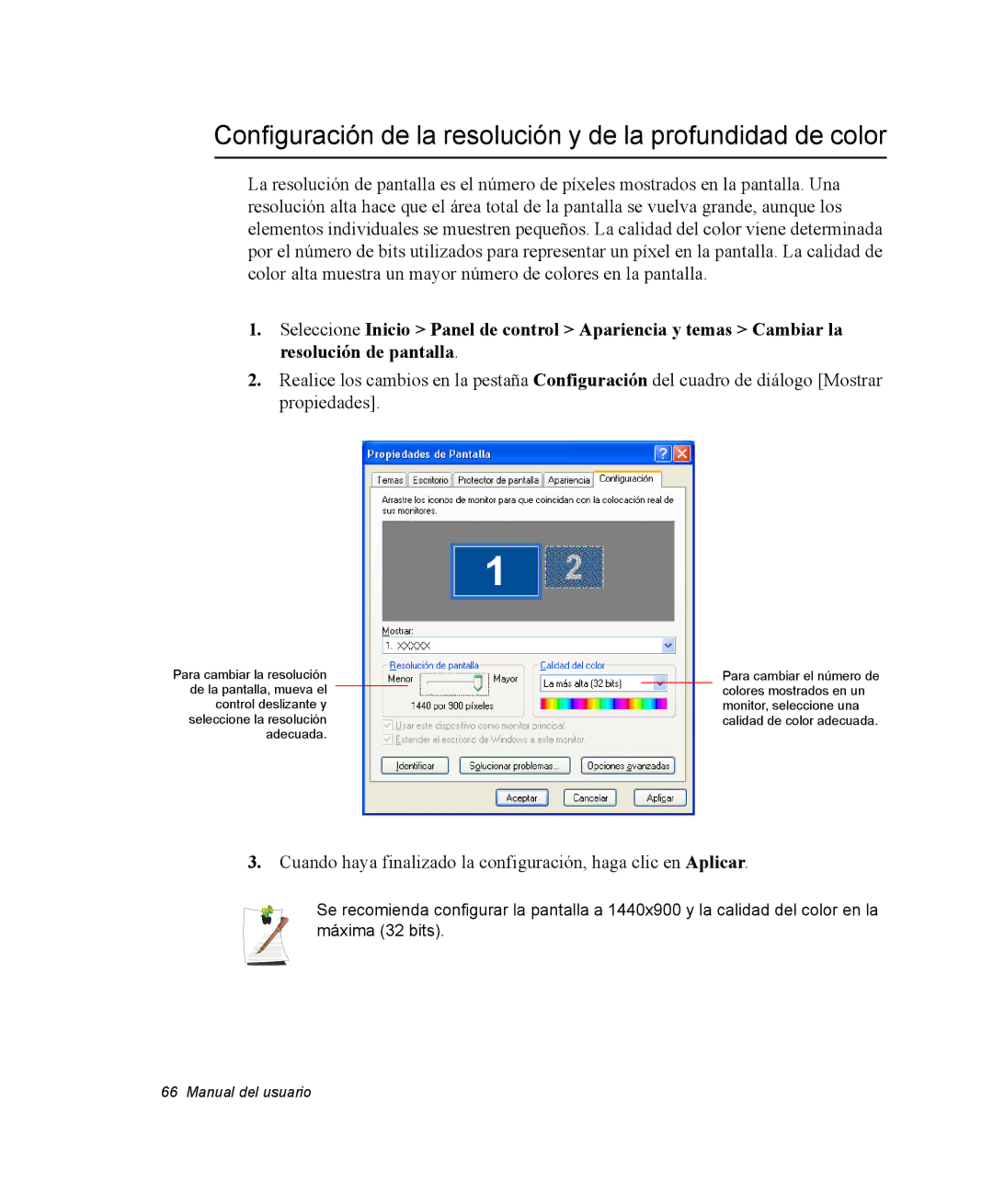 Samsung NM40PRCV01/SES, NM40TH0JP0/SES manual Configuración de la resolución y de la profundidad de color 