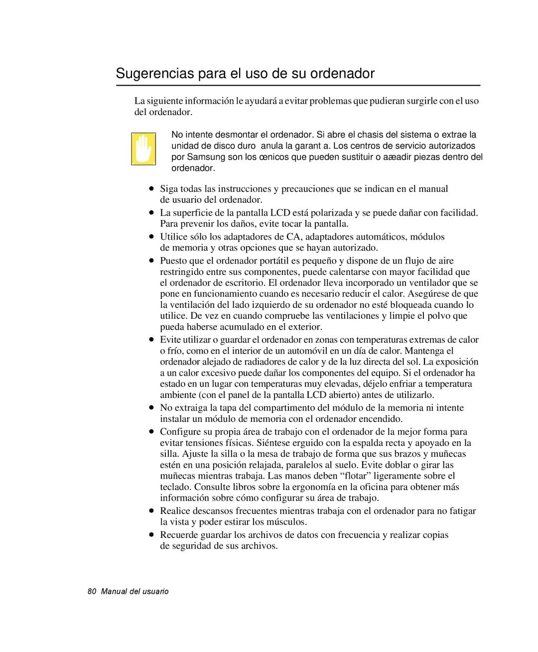 Samsung NM40PRCV01/SES, NM40TH0JP0/SES manual Sugerencias para el uso de su ordenador 