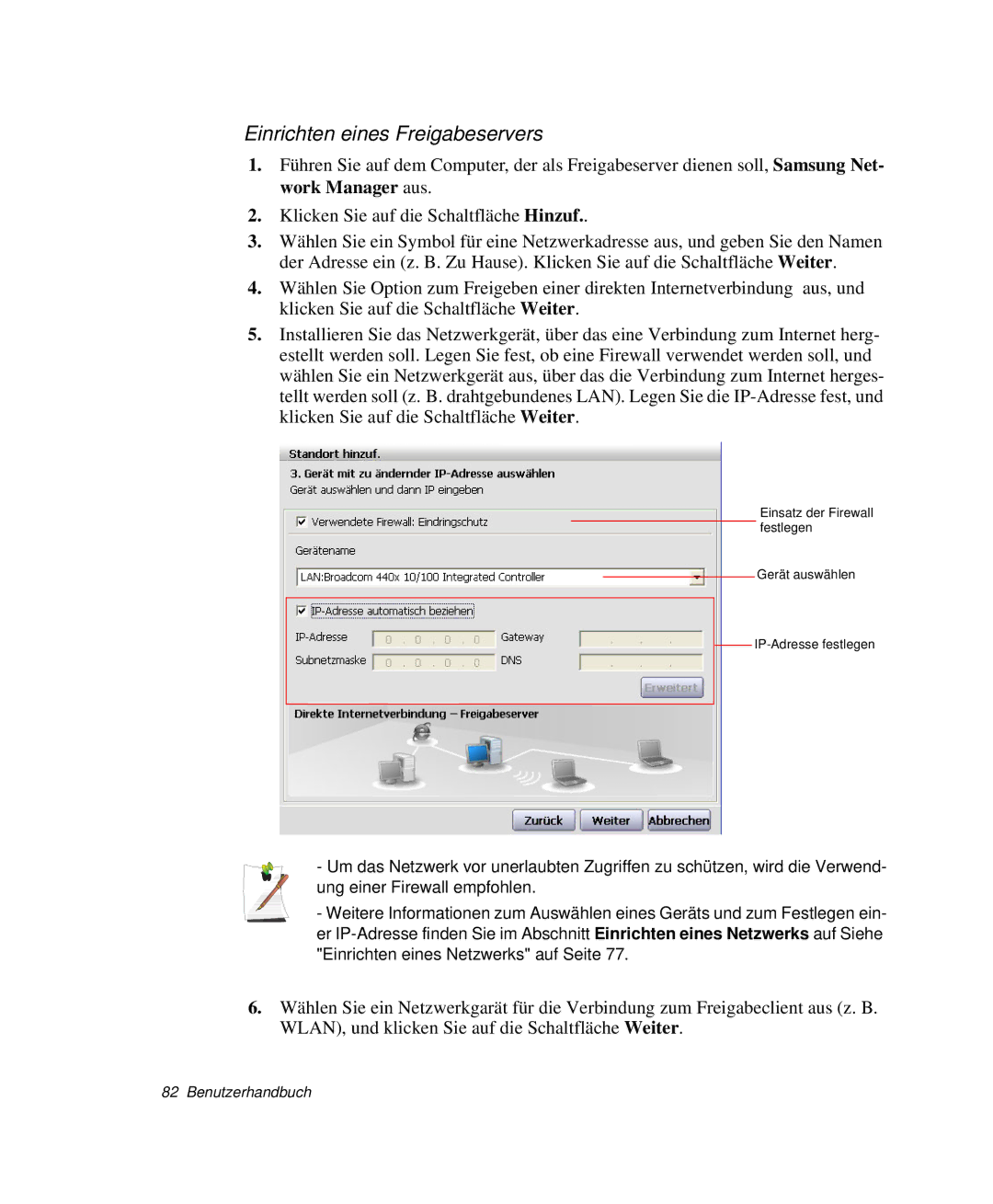 Samsung NP-G10K000/SEG, NP-G10K001/SEG manual Einrichten eines Freigabeservers 