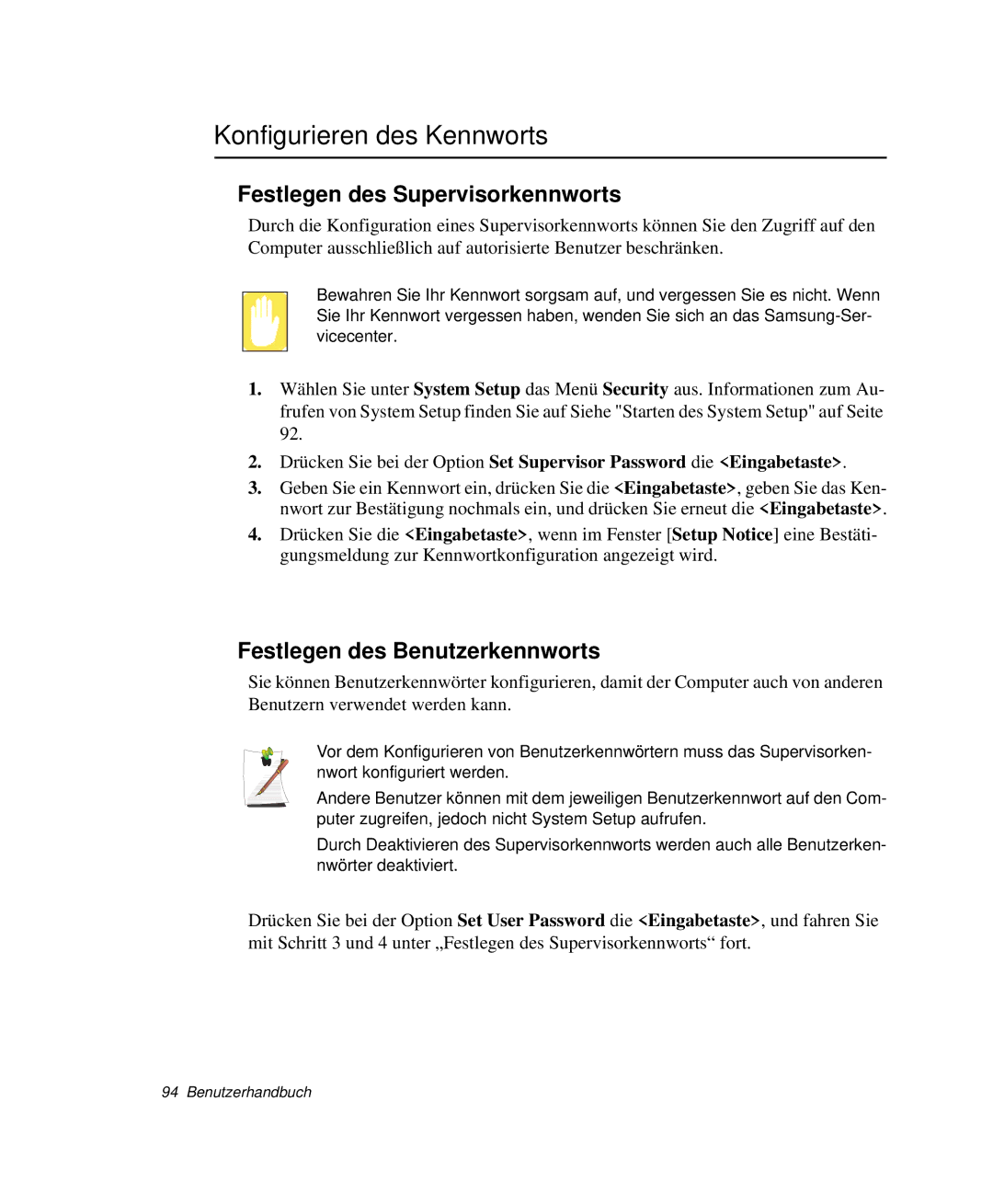 Samsung NP-G10K000/SEG Konfigurieren des Kennworts, Festlegen des Supervisorkennworts, Festlegen des Benutzerkennworts 