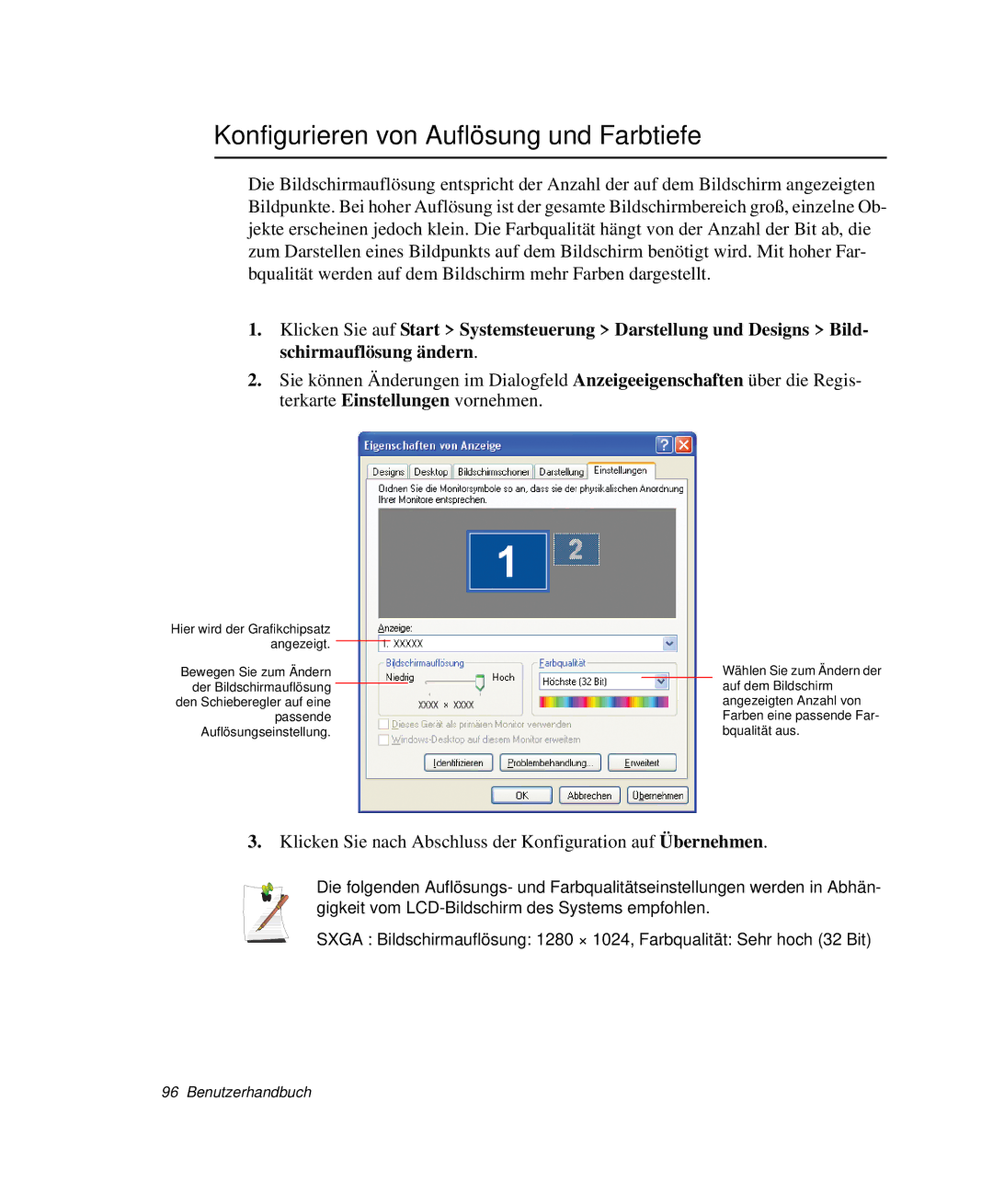 Samsung NP-G10K000/SEG, NP-G10K001/SEG manual Konfigurieren von Auflösung und Farbtiefe 